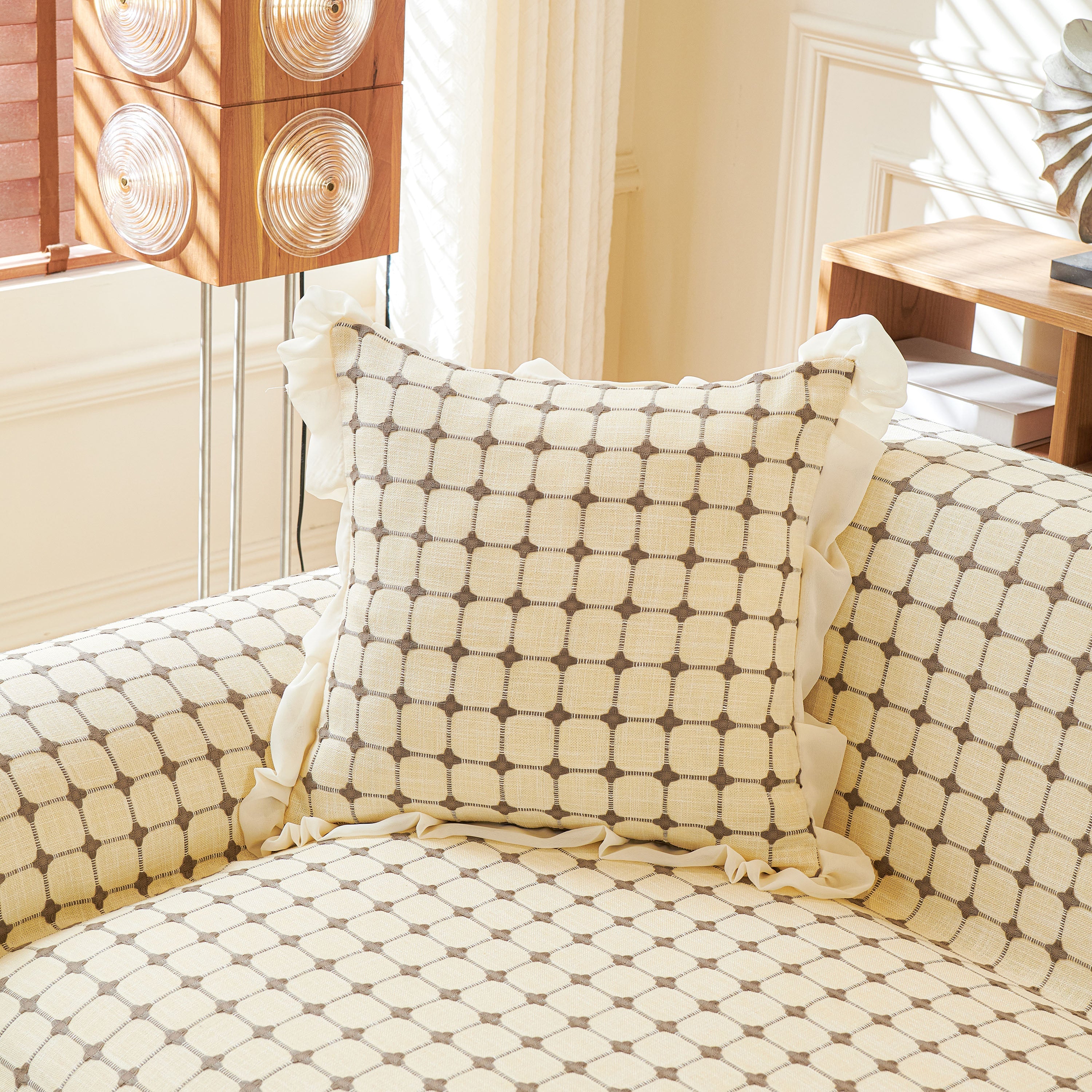 Grid Textured Sofa Cover With Sheer Ruffle Skirt, Pet-friendly Sofa Throw Slipcover