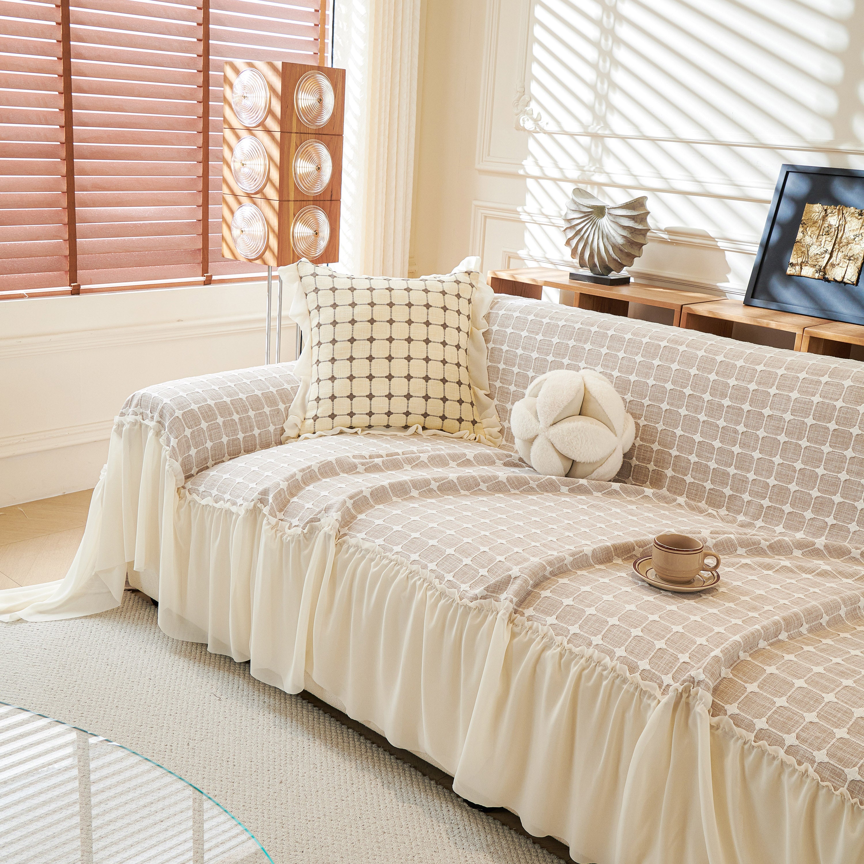Grid Textured Sofa Cover With Sheer Ruffle Skirt, Pet-friendly Sofa Throw Slipcover