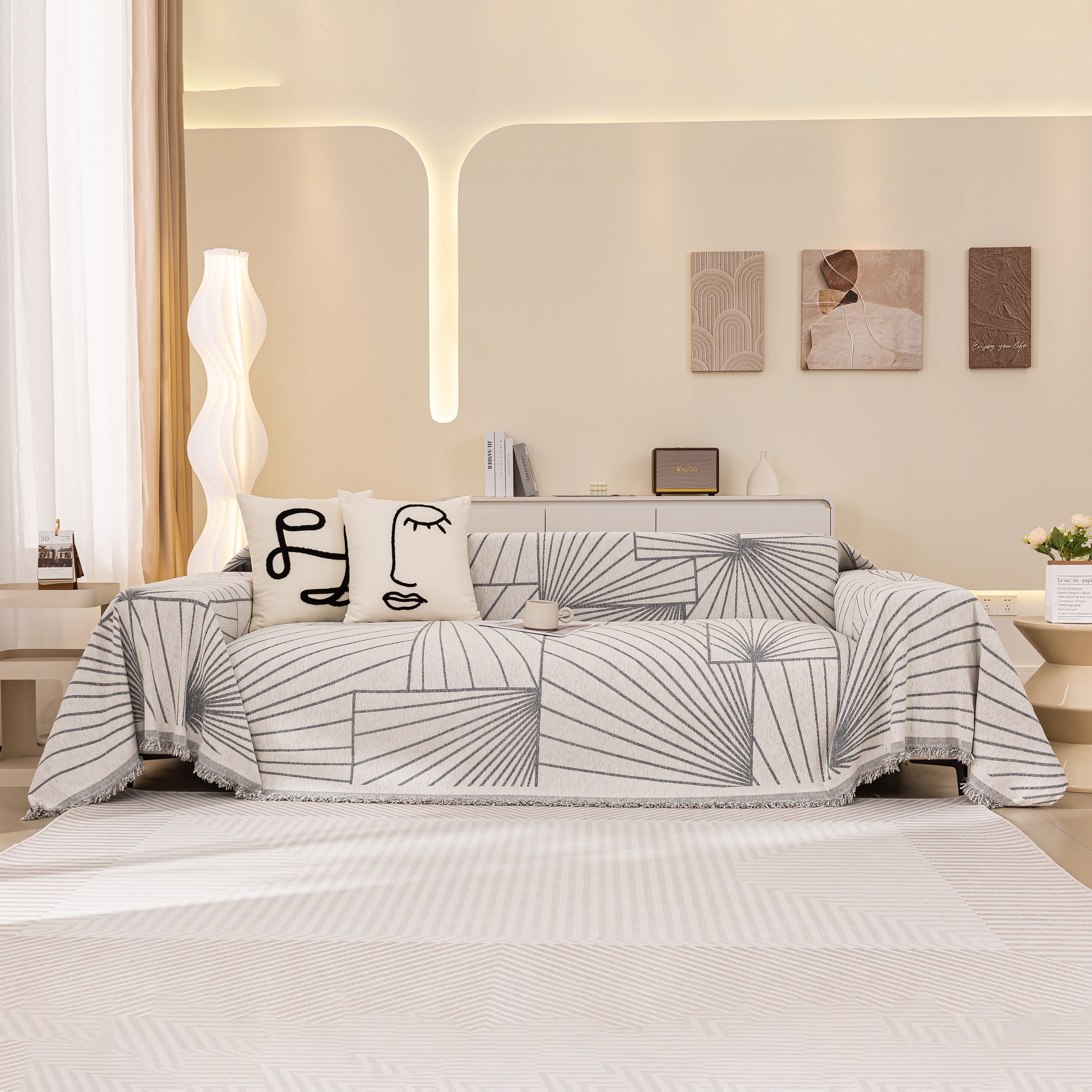 Modern Minimalist Chenille Line Pattern Sofa Cover, Dust And Scratch Resistant Throw Blankets For Couch