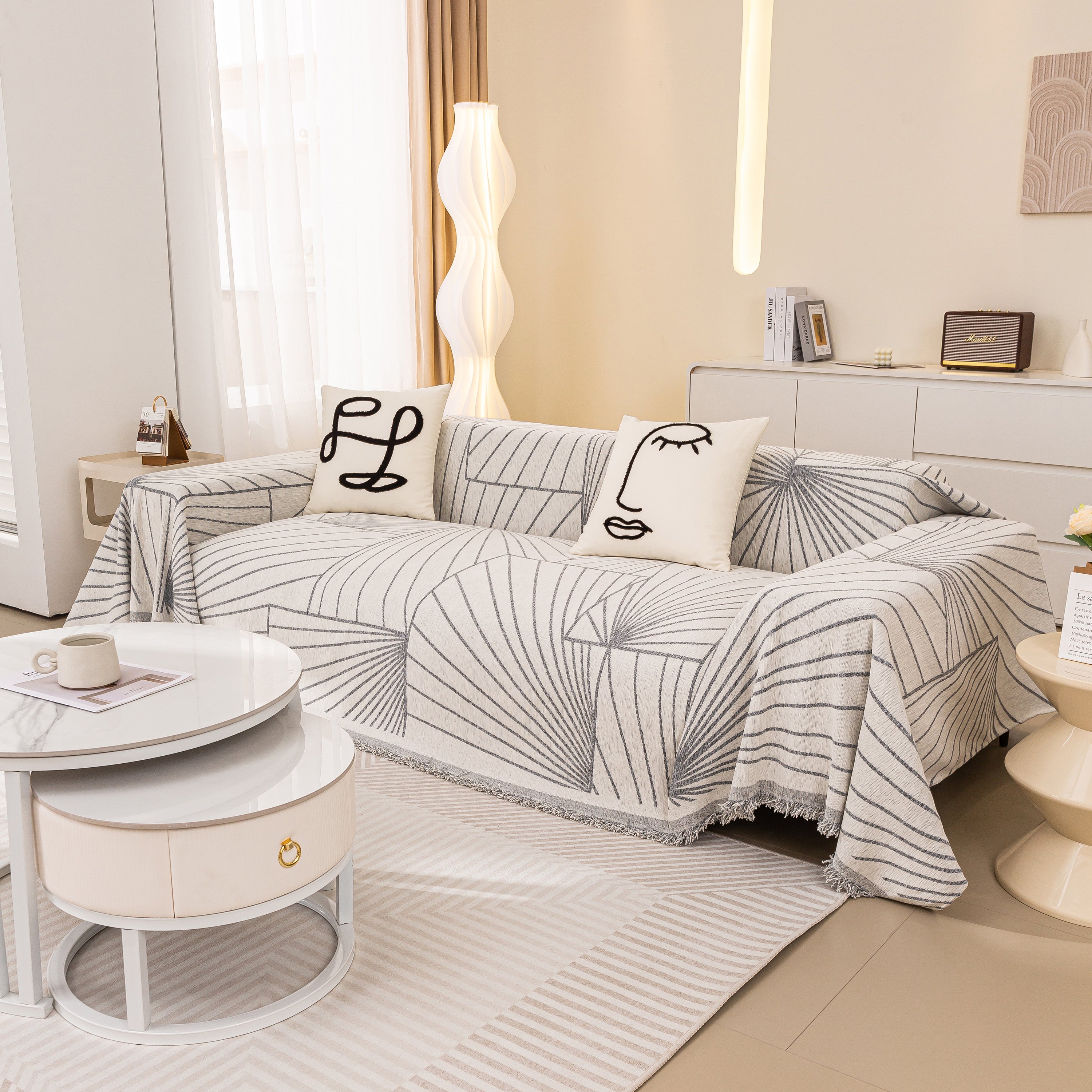 Modern Minimalist Chenille Line Pattern Sofa Cover, Dust And Scratch Resistant Throw Blankets For Couch