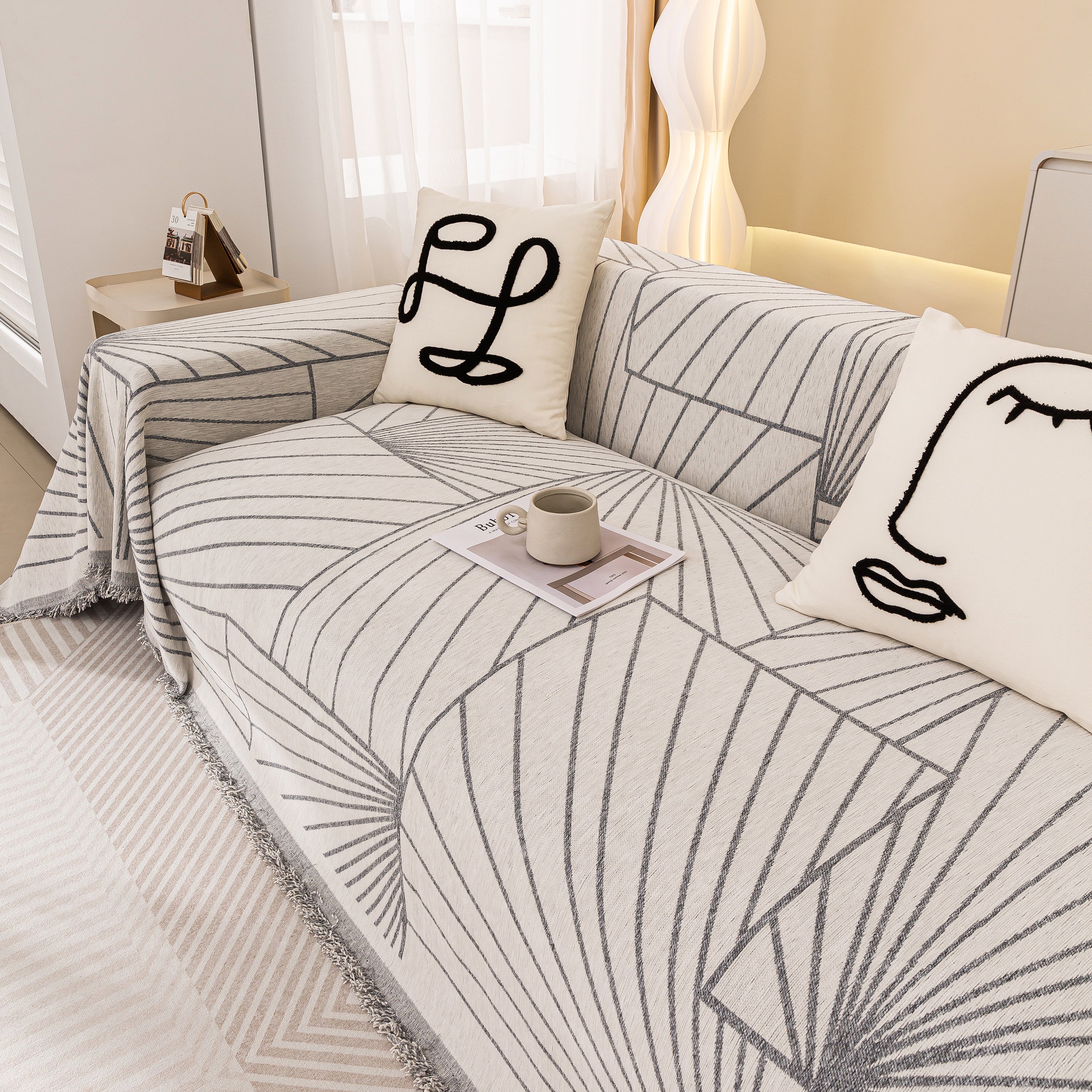 Modern Minimalist Chenille Line Pattern Sofa Cover, Dust And Scratch Resistant Throw Blankets For Couch