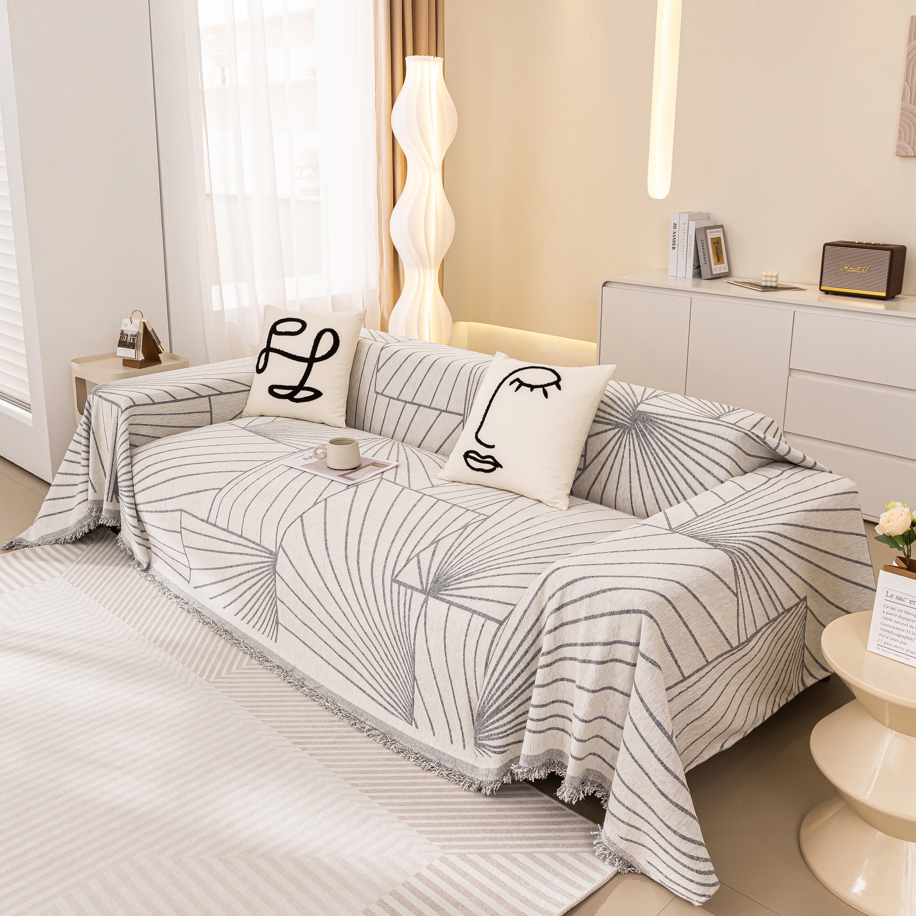 Modern Minimalist Chenille Line Pattern Sofa Cover, Dust And Scratch Resistant Throw Blankets For Couch