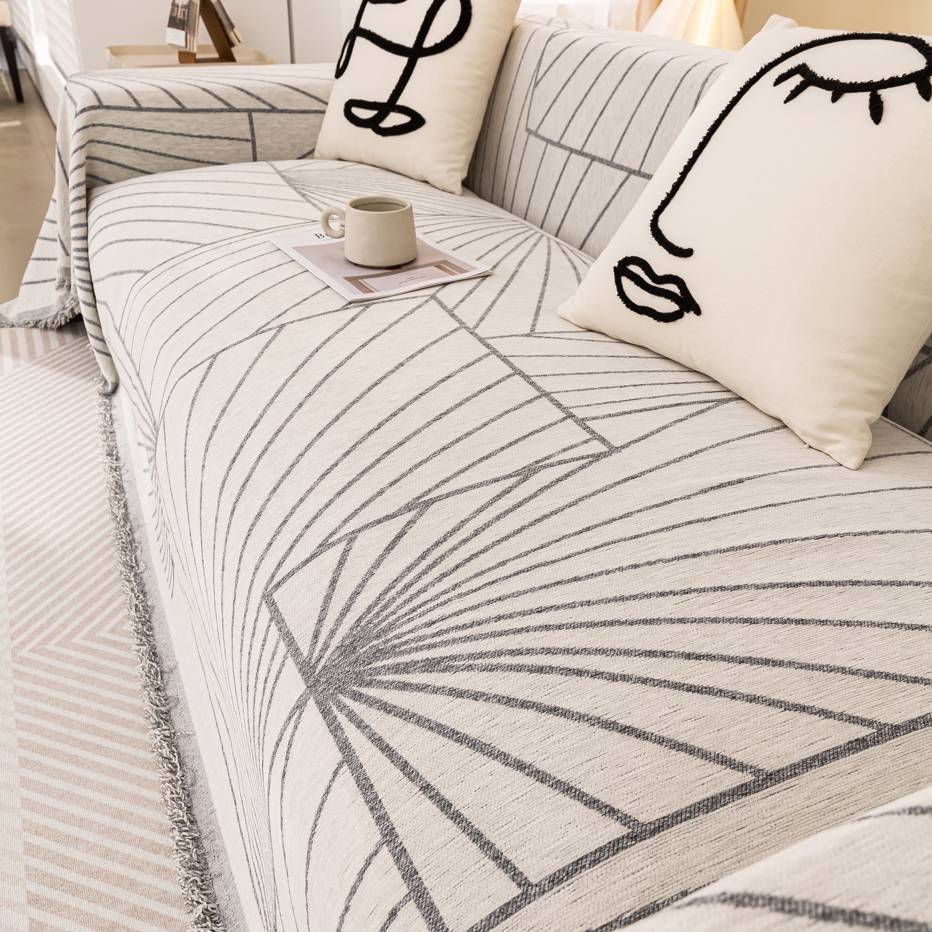Modern Minimalist Chenille Line Pattern Sofa Cover, Dust And Scratch Resistant Throw Blankets For Couch