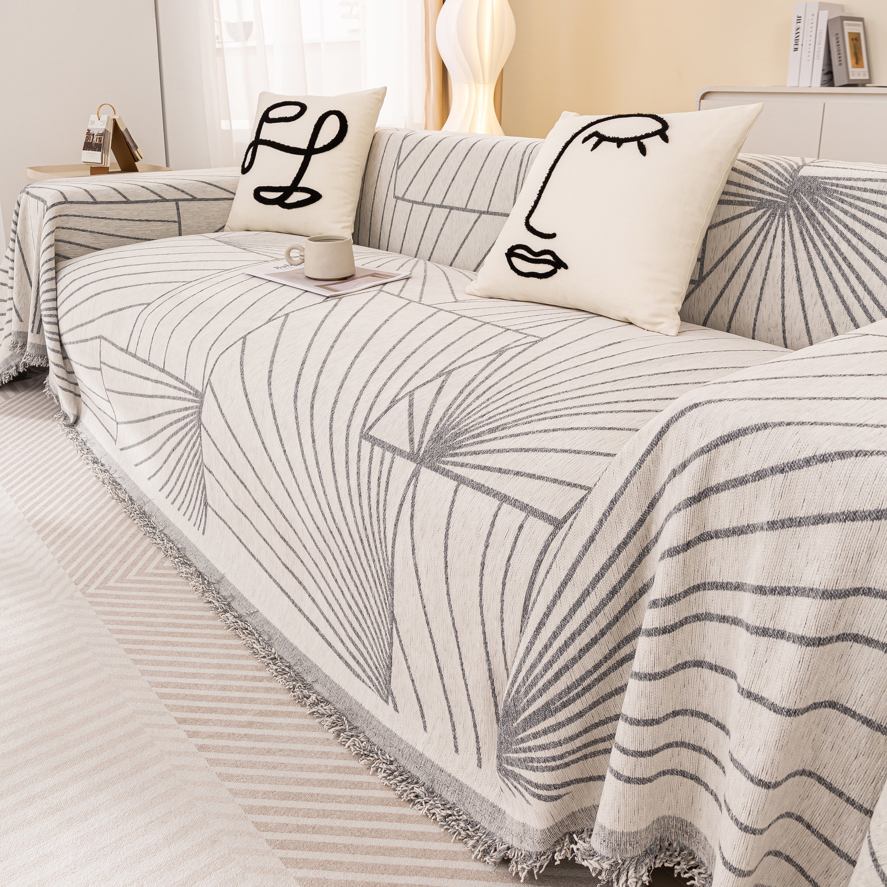 Modern Minimalist Chenille Line Pattern Sofa Cover, Dust And Scratch Resistant Throw Blankets For Couch