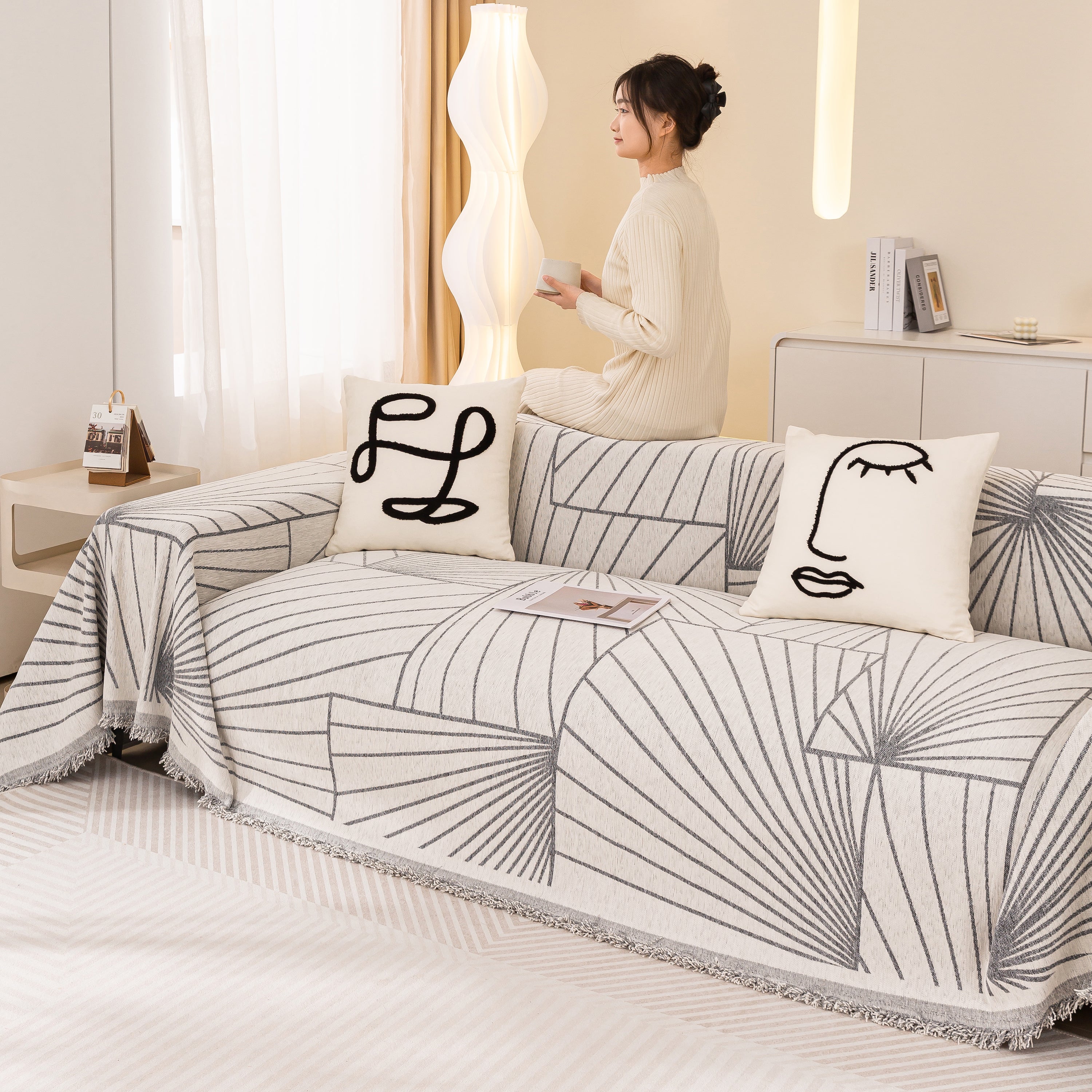 Modern Minimalist Chenille Line Pattern Sofa Cover, Dust And Scratch Resistant Throw Blankets For Couch