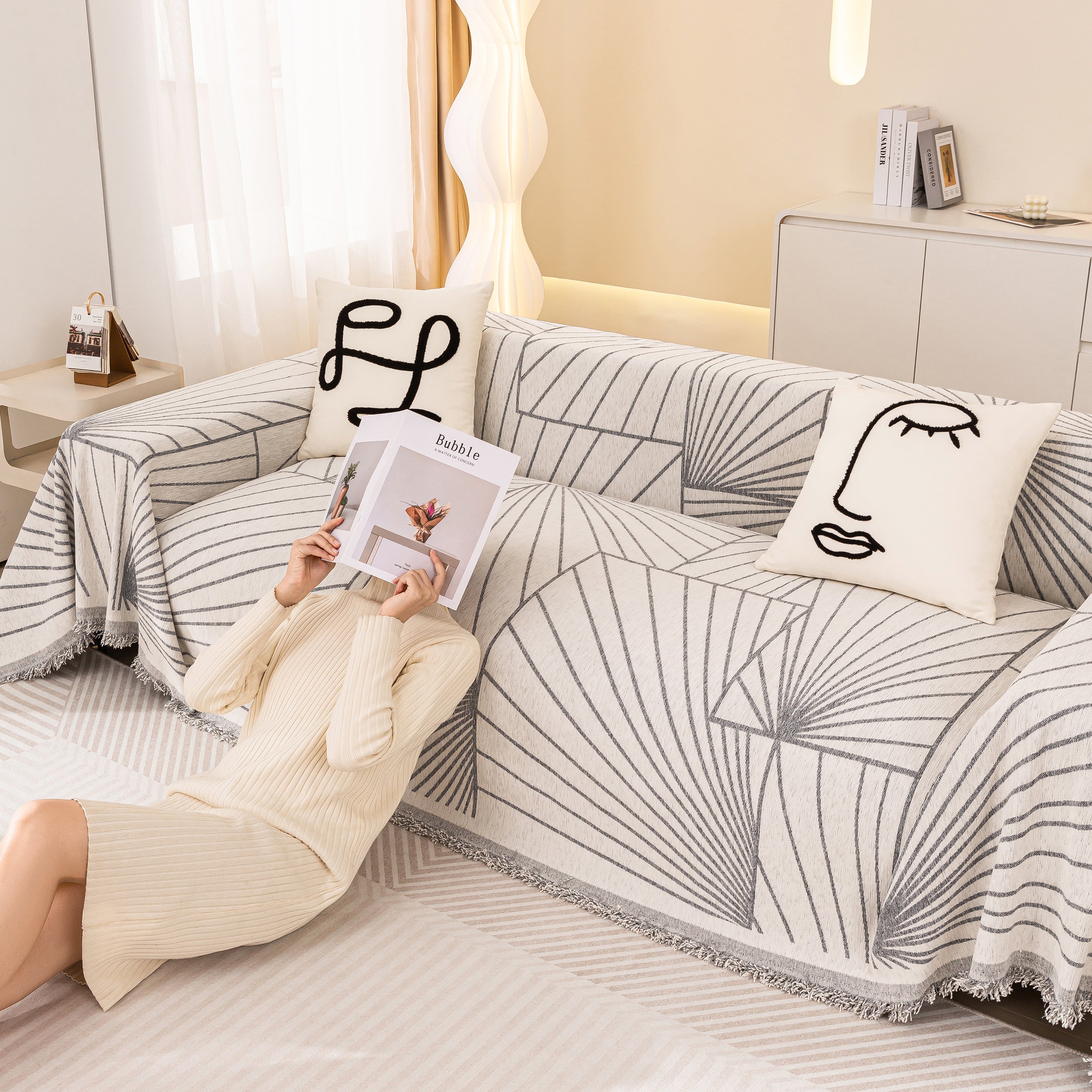 Modern Minimalist Chenille Line Pattern Sofa Cover, Dust And Scratch Resistant Throw Blankets For Couch