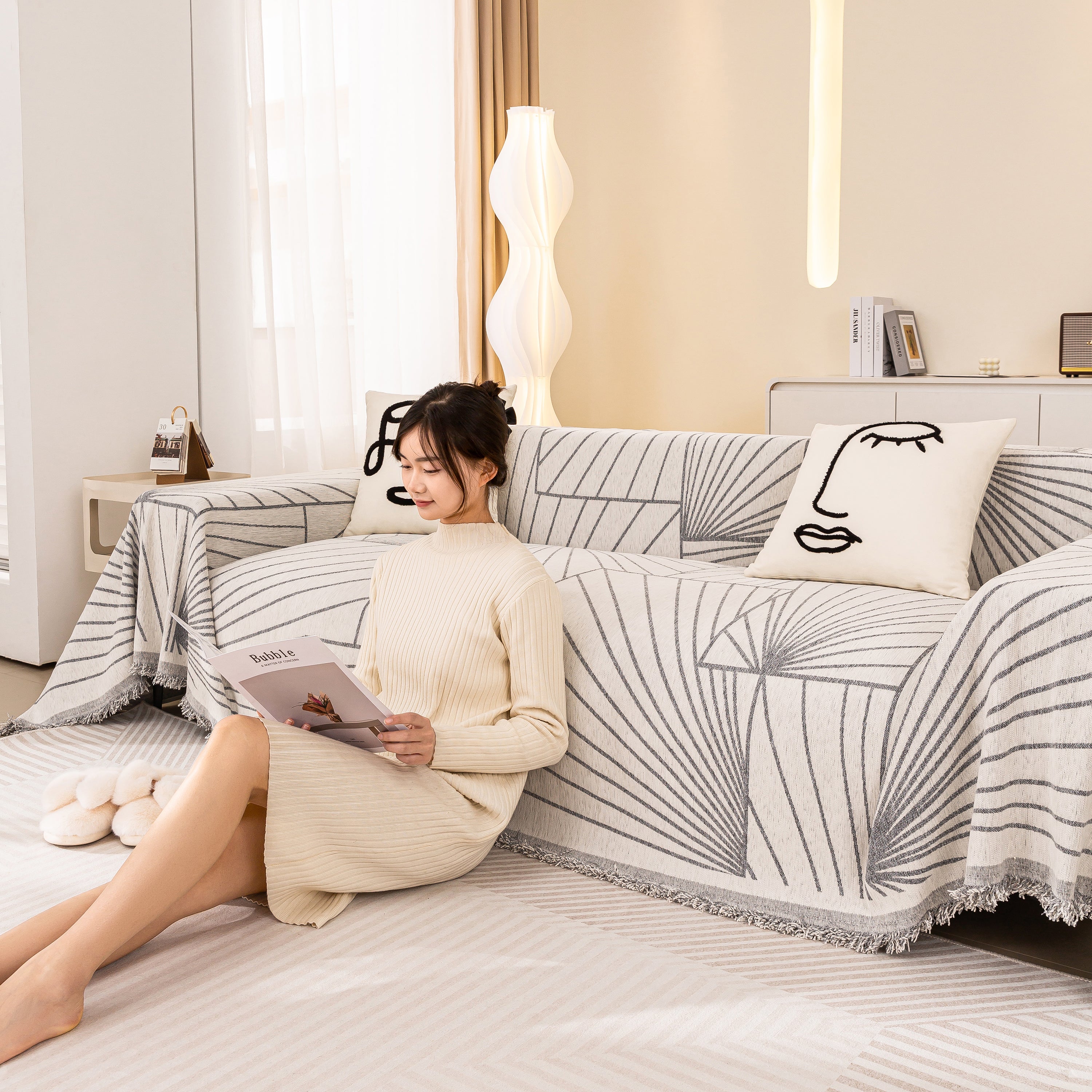 Modern Minimalist Chenille Line Pattern Sofa Cover, Dust And Scratch Resistant Throw Blankets For Couch