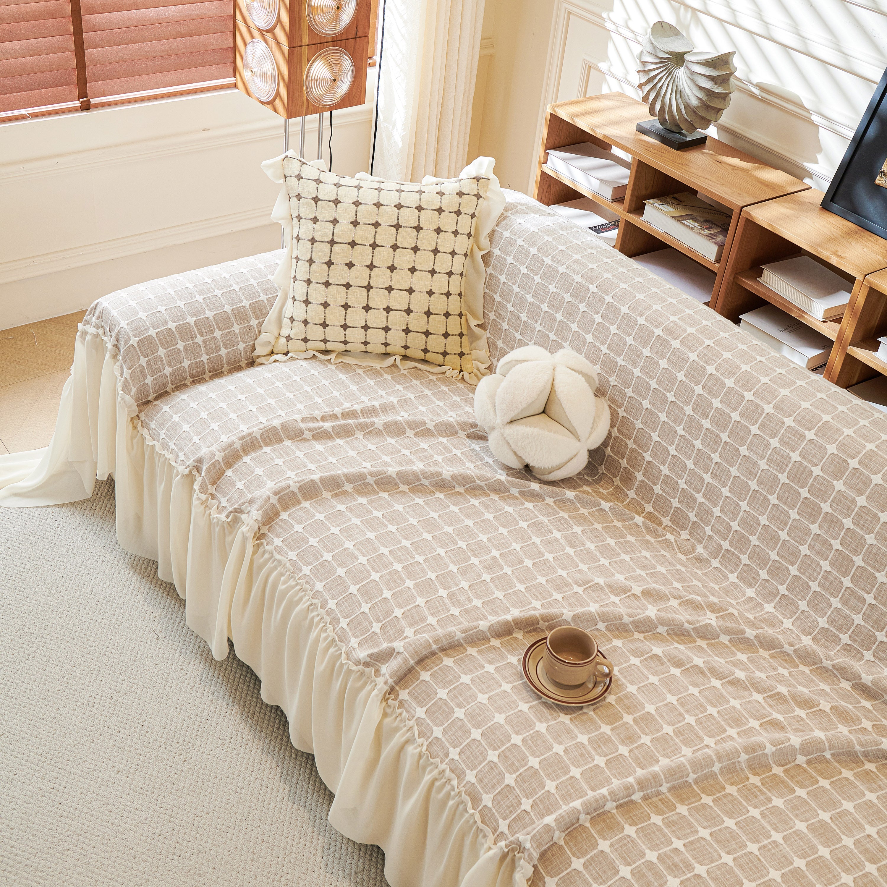 Grid Textured Sofa Cover With Sheer Ruffle Skirt, Pet-friendly Sofa Throw Slipcover