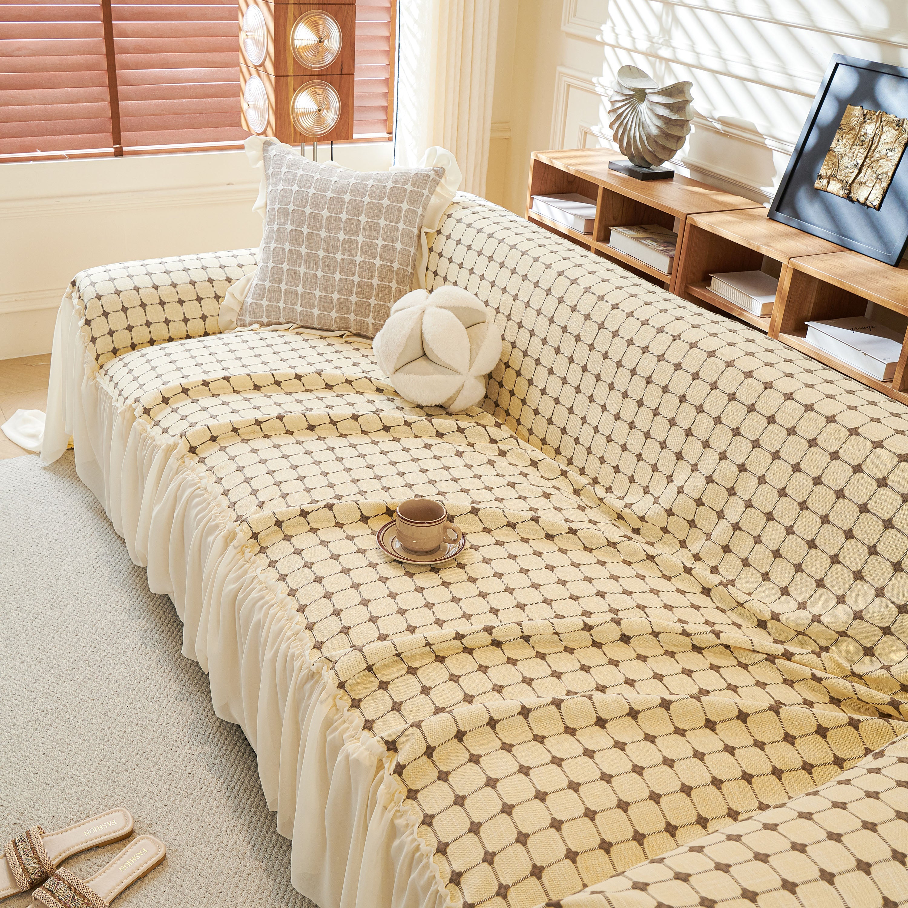 Grid Textured Sofa Cover With Sheer Ruffle Skirt, Pet-friendly Sofa Throw Slipcover