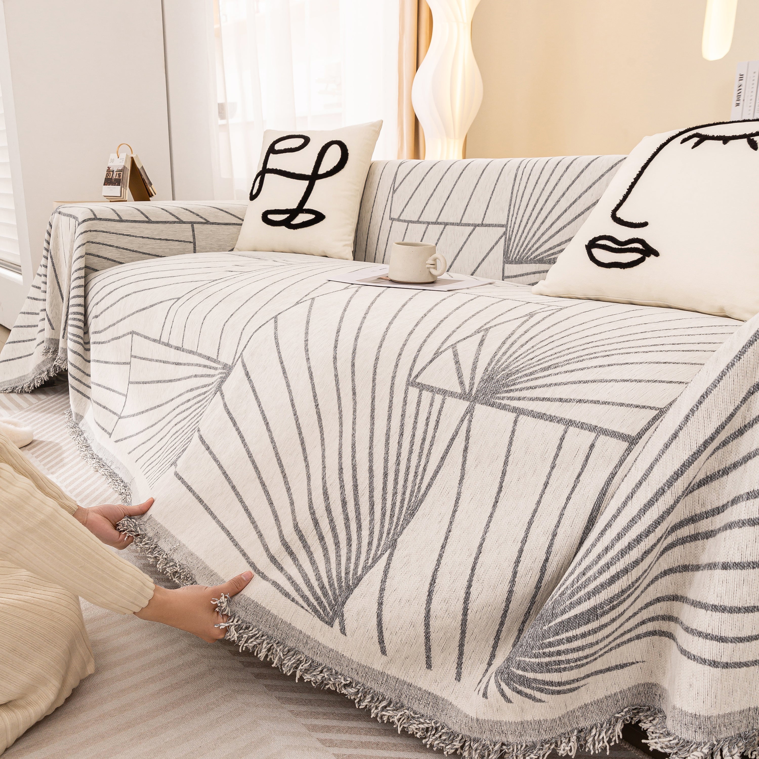 Modern Minimalist Chenille Line Pattern Sofa Cover, Dust And Scratch Resistant Throw Blankets For Couch