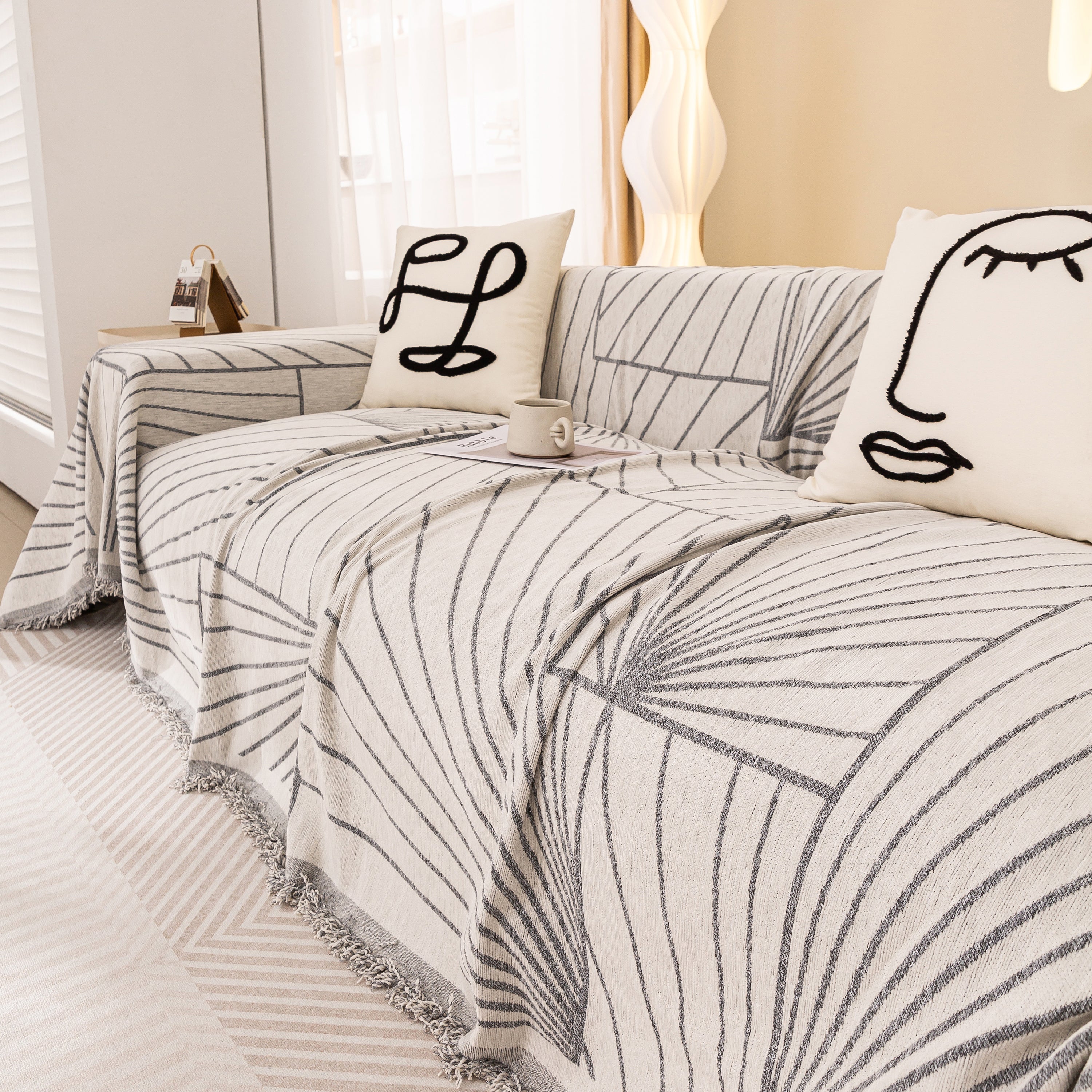 Modern Minimalist Chenille Line Pattern Sofa Cover, Dust And Scratch Resistant Throw Blankets For Couch