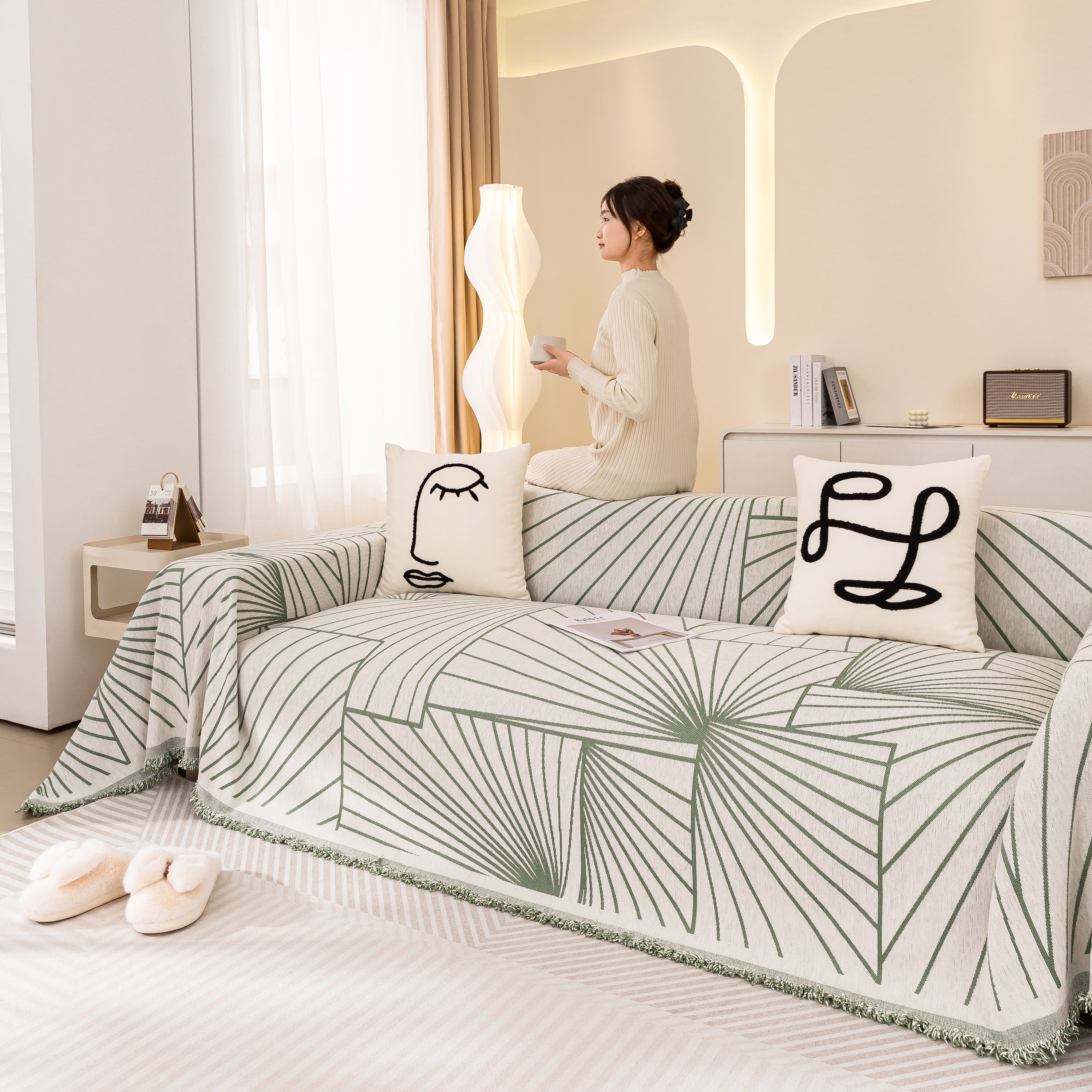 Modern Minimalist Chenille Line Pattern Sofa Cover, Dust And Scratch Resistant Throw Blankets For Couch