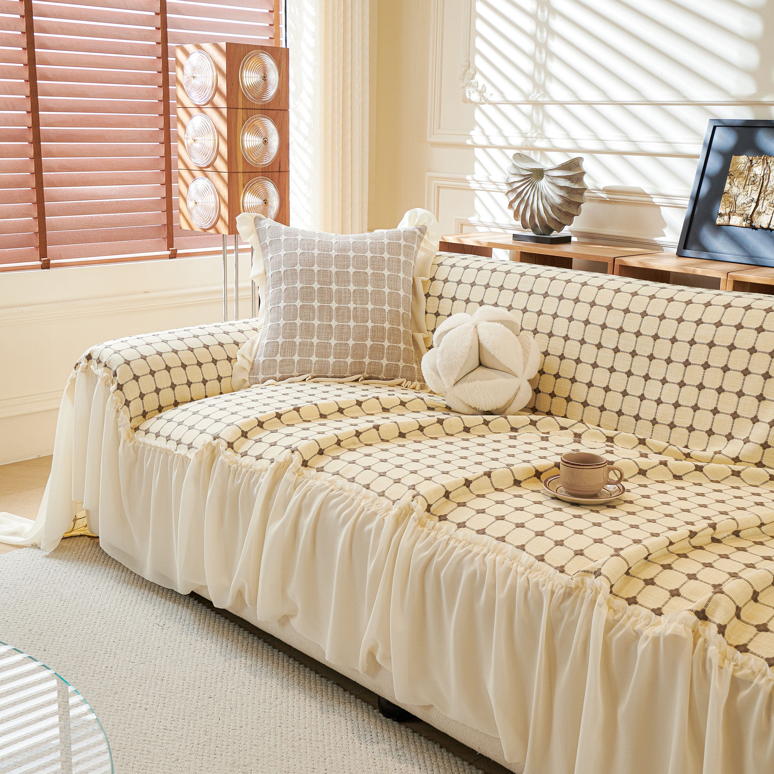 Grid Textured Sofa Cover With Sheer Ruffle Skirt, Pet-friendly Sofa Throw Slipcover