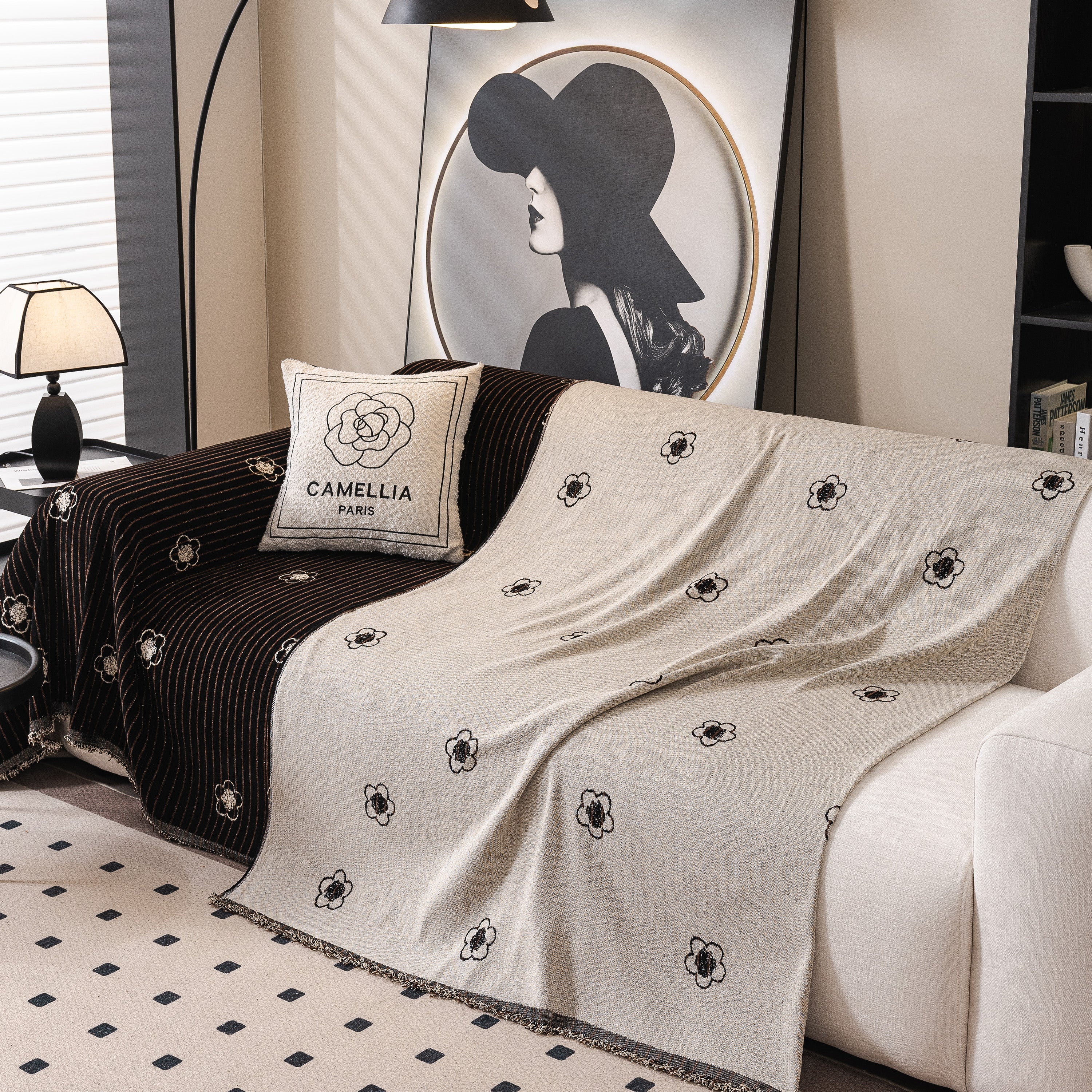 Chenille Camellia Floral Sofa Throw Cover Couch Blanket With Striped Jacquard