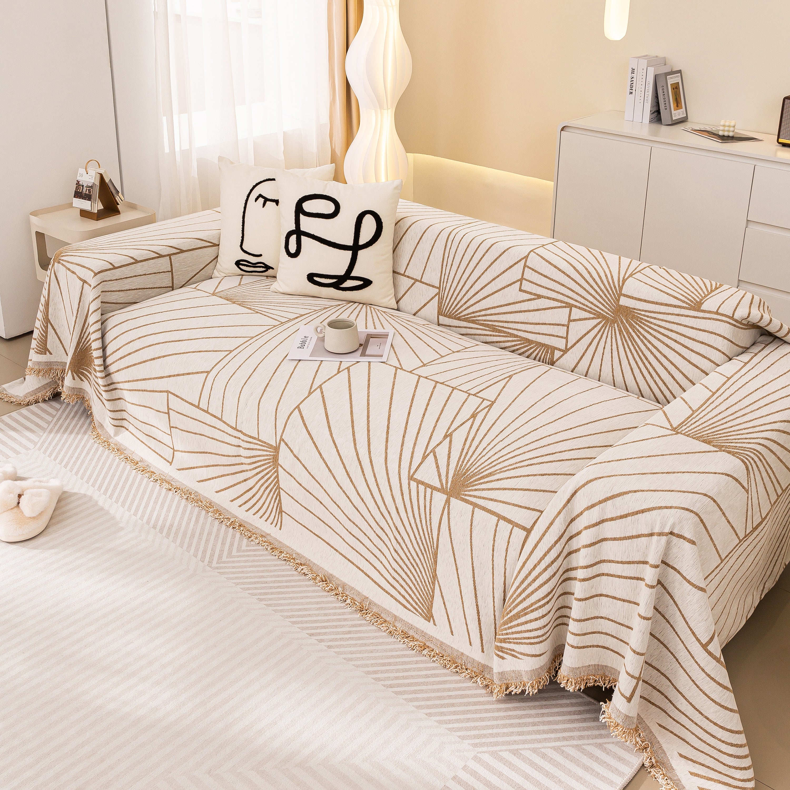 Modern Minimalist Chenille Line Pattern Sofa Cover, Dust And Scratch Resistant Throw Blankets For Couch