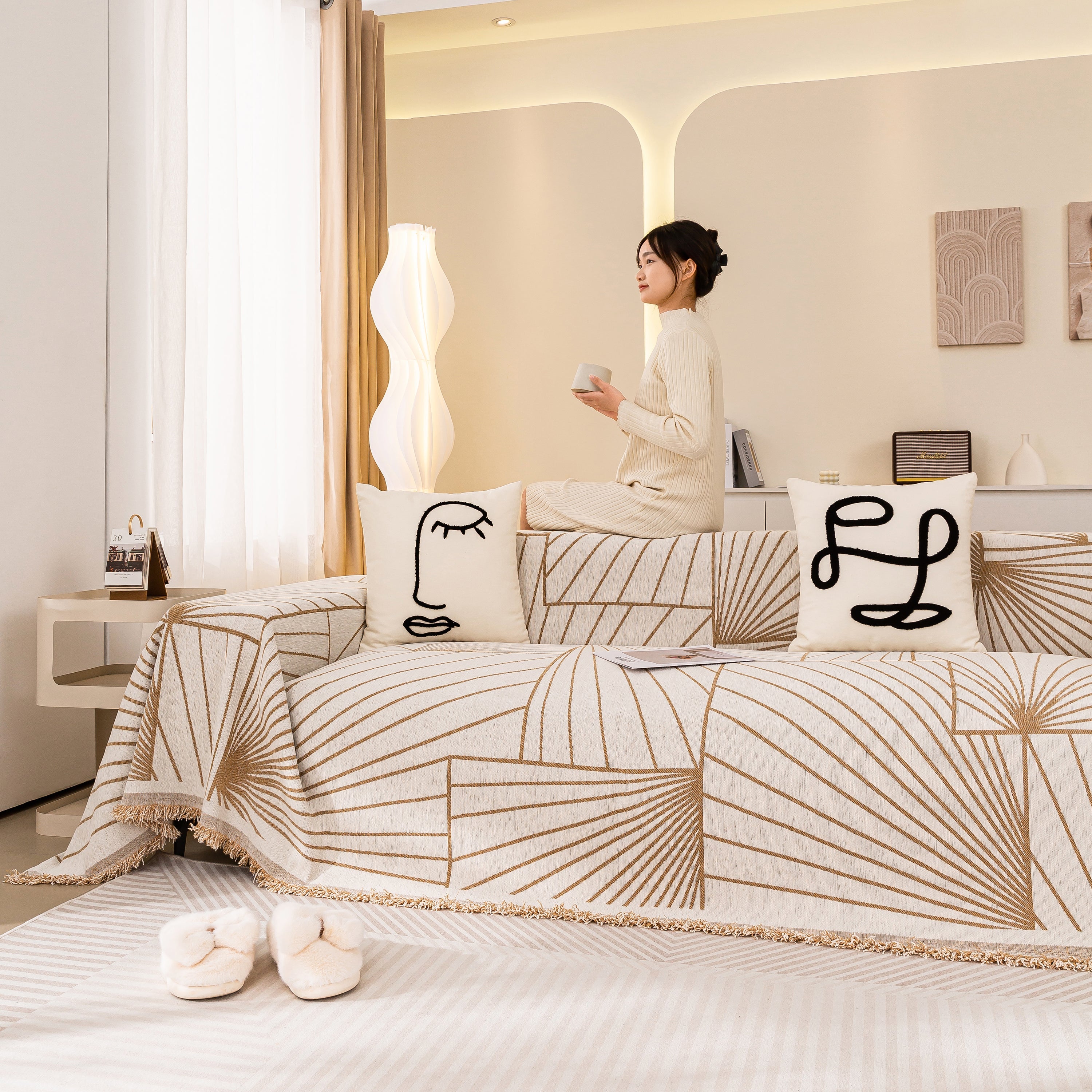 Modern Minimalist Chenille Line Pattern Sofa Cover, Dust And Scratch Resistant Throw Blankets For Couch