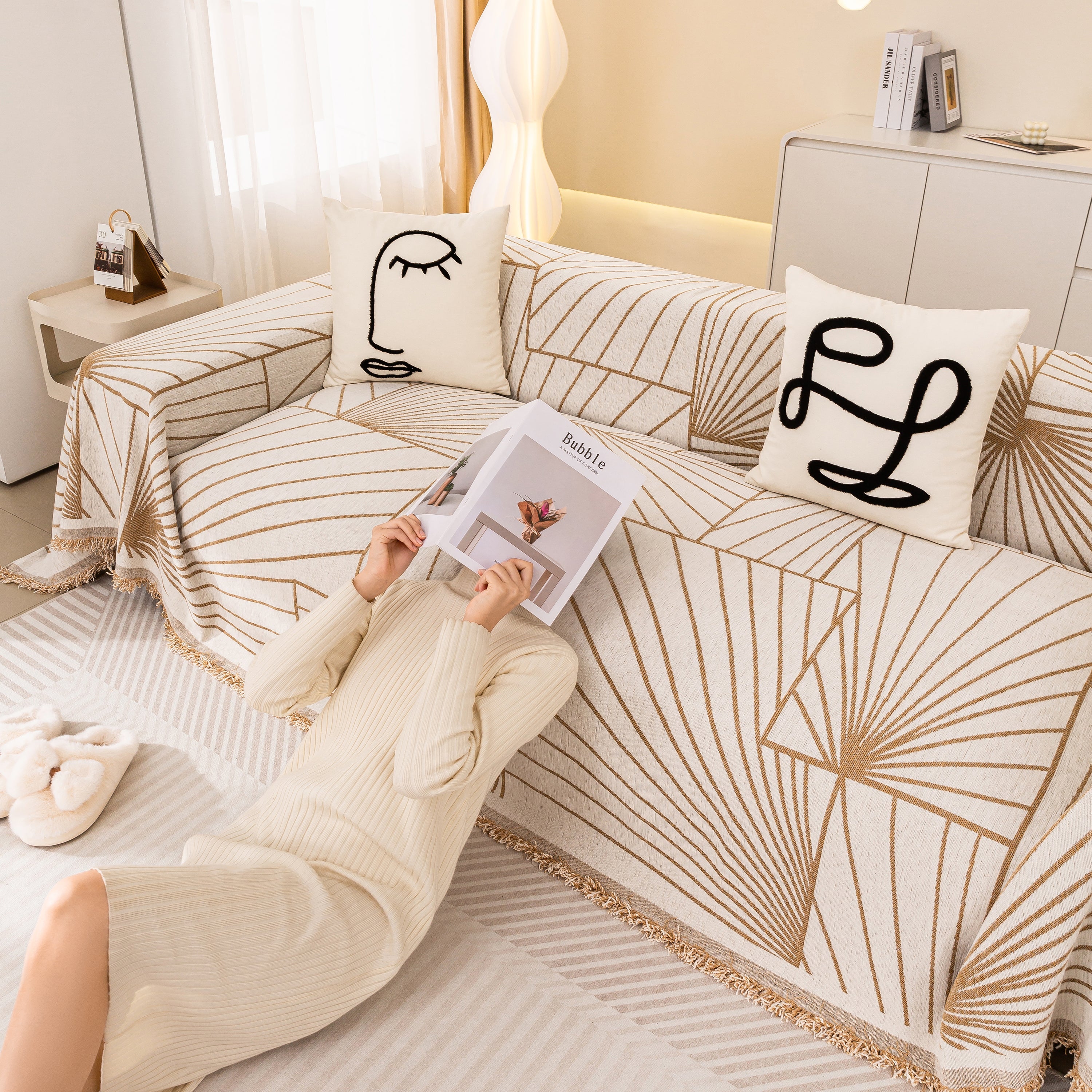 Modern Minimalist Chenille Line Pattern Sofa Cover, Dust And Scratch Resistant Throw Blankets For Couch