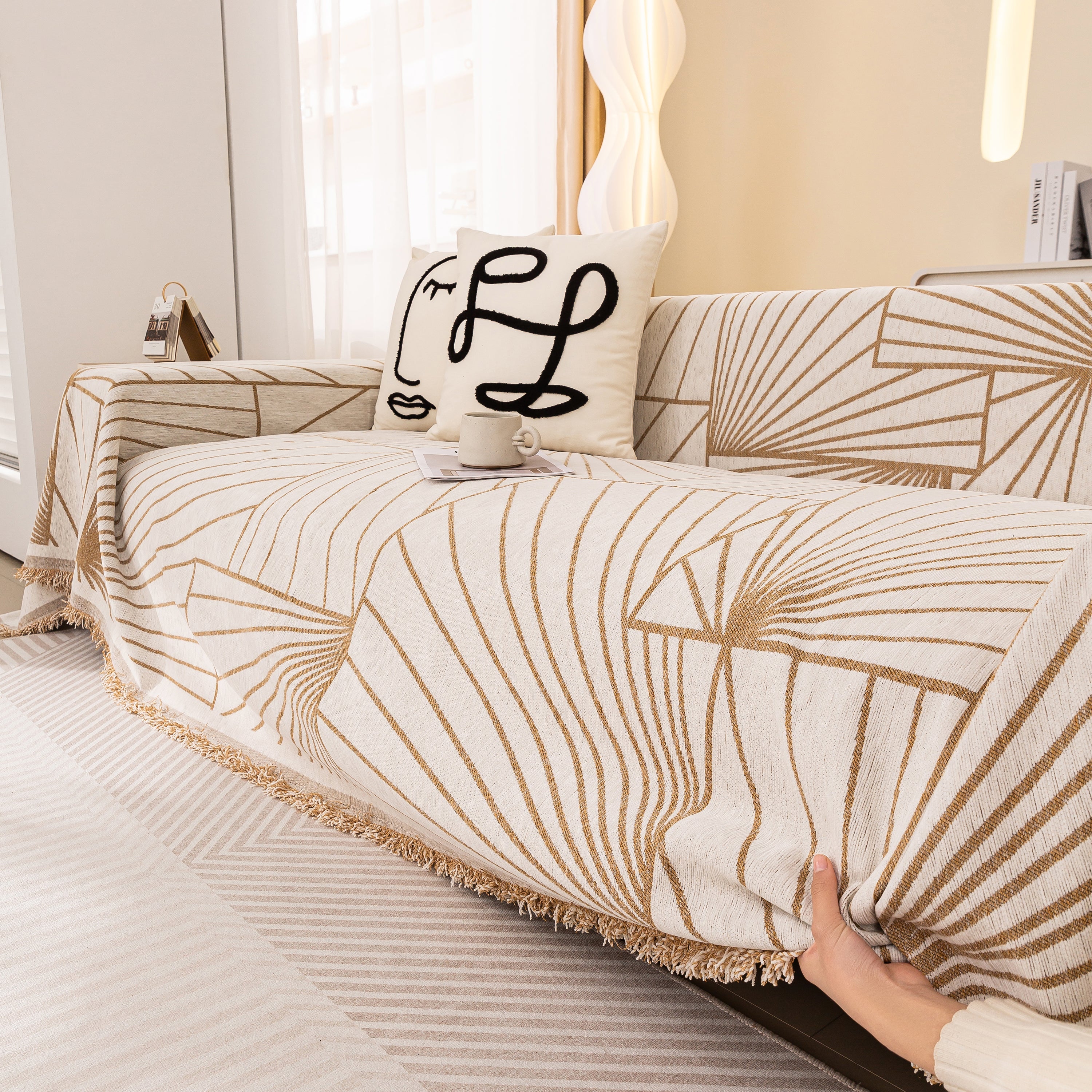 Modern Minimalist Chenille Line Pattern Sofa Cover, Dust And Scratch Resistant Throw Blankets For Couch