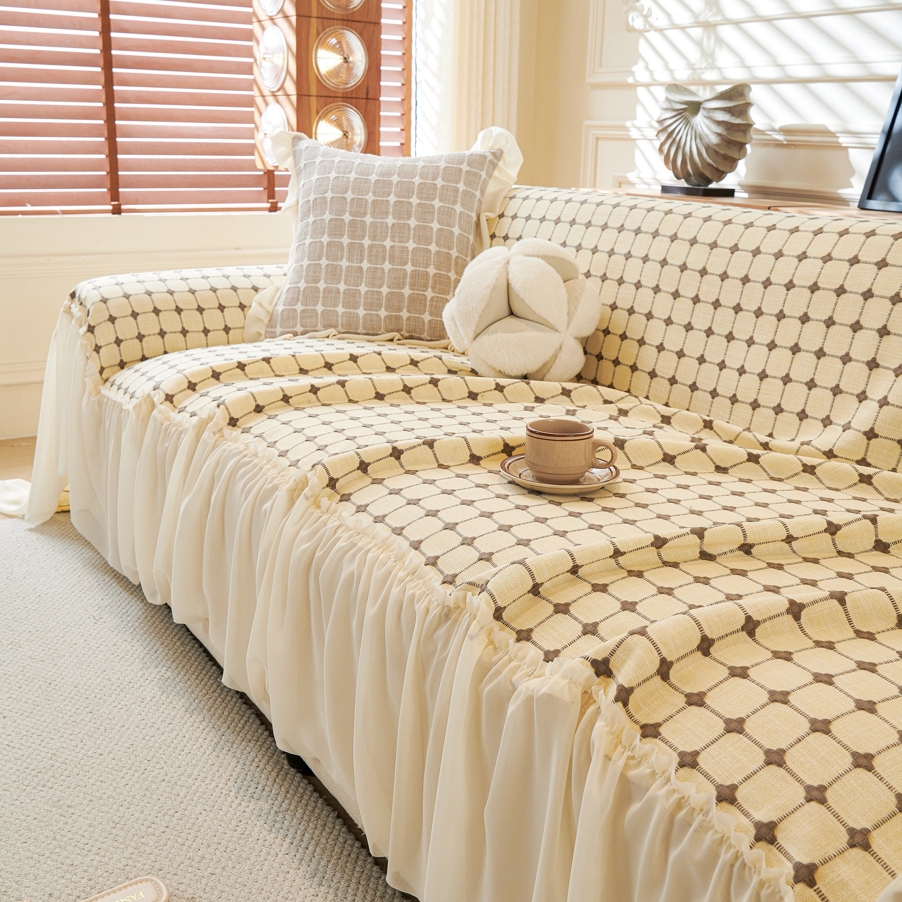 Grid Textured Sofa Cover With Sheer Ruffle Skirt, Pet-friendly Sofa Throw Slipcover