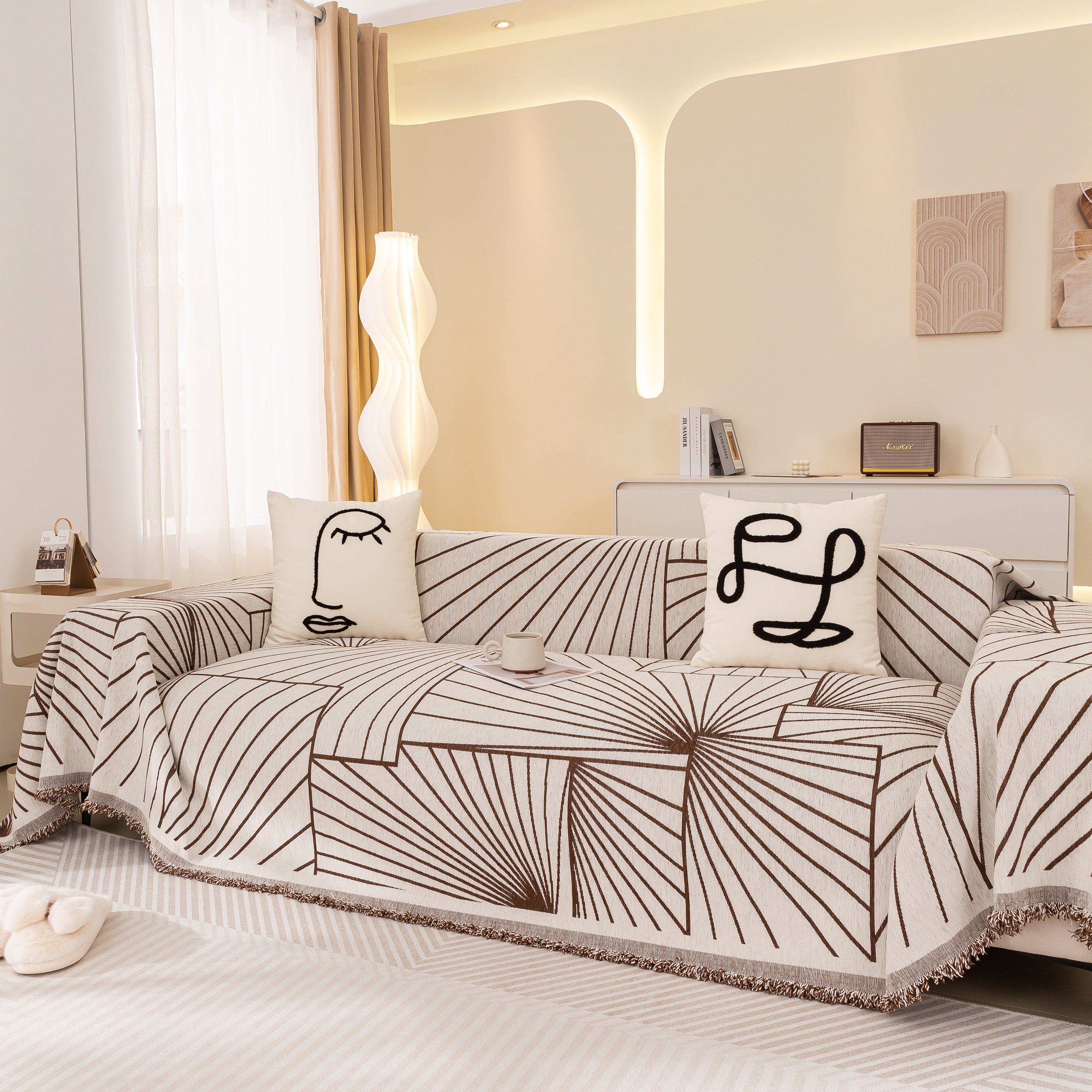 Modern Minimalist Chenille Line Pattern Sofa Cover, Dust And Scratch Resistant Throw Blankets For Couch