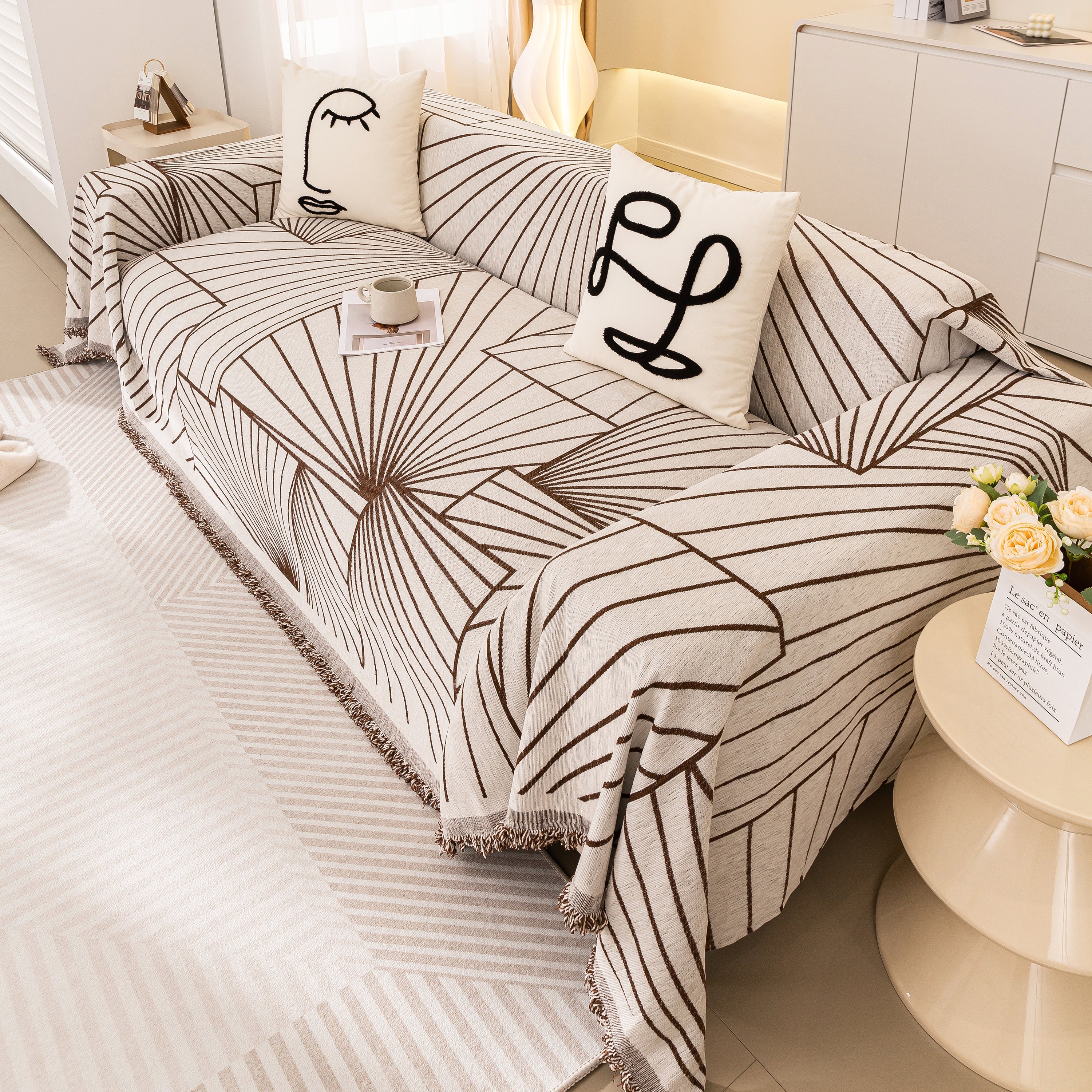 Modern Minimalist Chenille Line Pattern Sofa Cover, Dust And Scratch Resistant Throw Blankets For Couch
