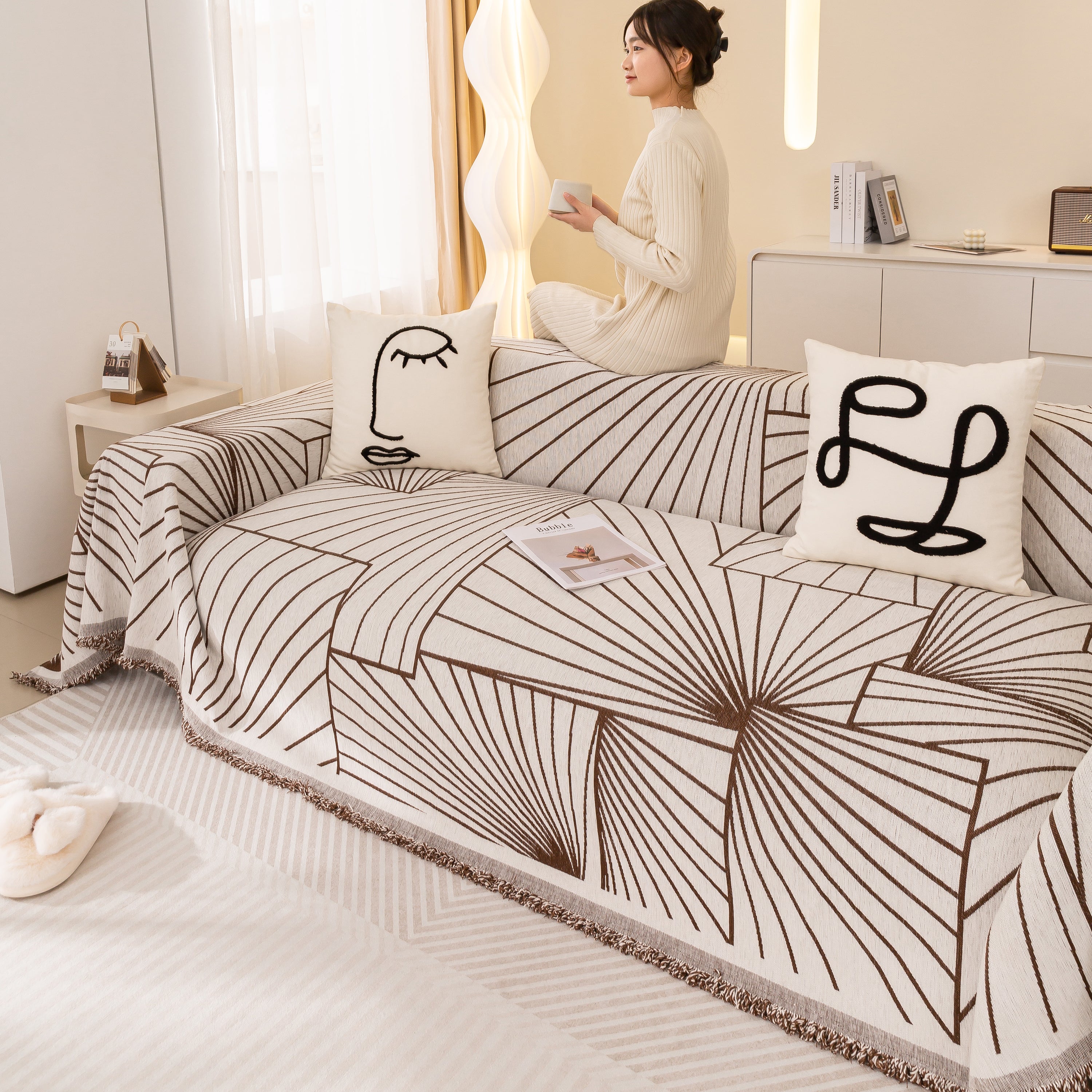 Modern Minimalist Chenille Line Pattern Sofa Cover, Dust And Scratch Resistant Throw Blankets For Couch