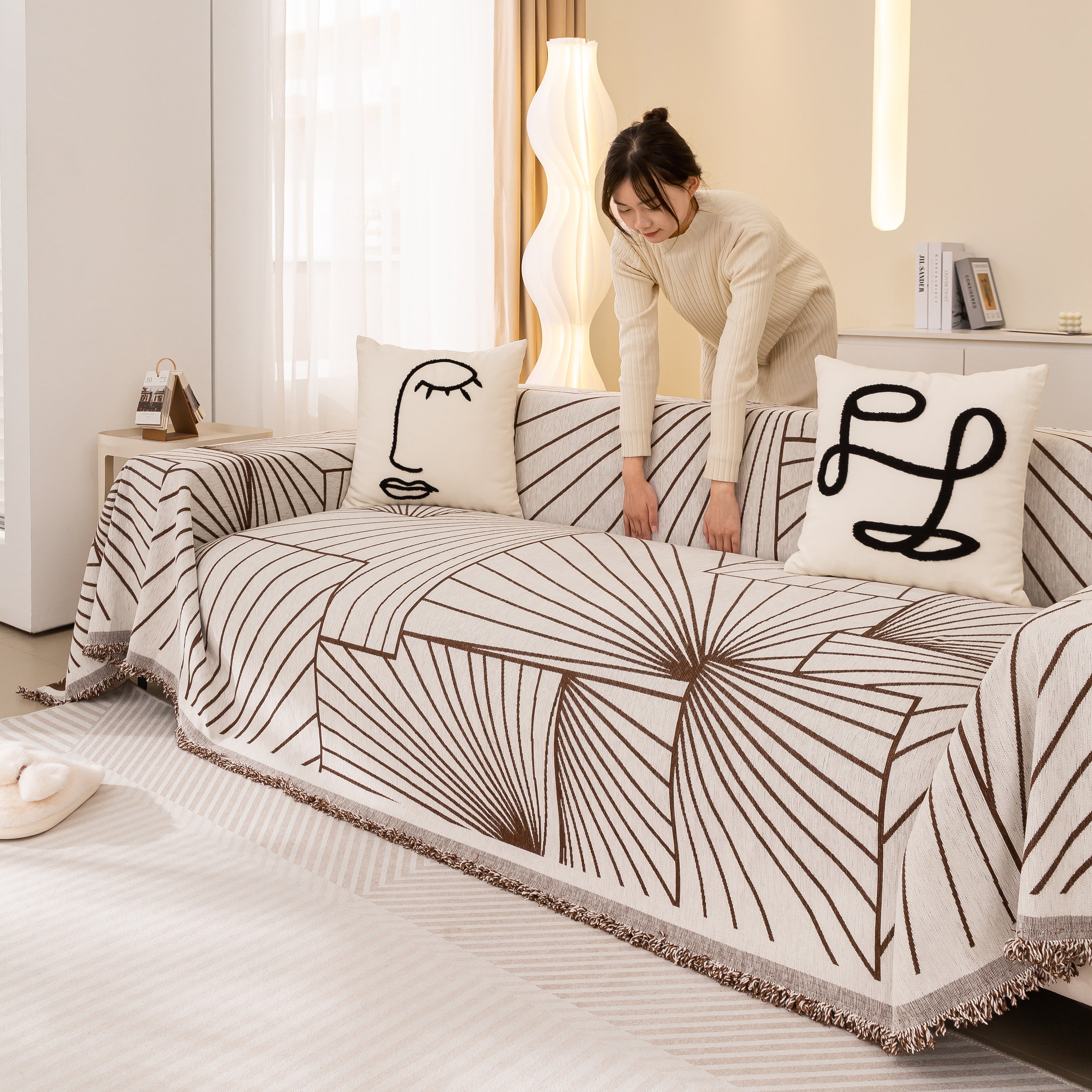 Modern Minimalist Chenille Line Pattern Sofa Cover, Dust And Scratch Resistant Throw Blankets For Couch