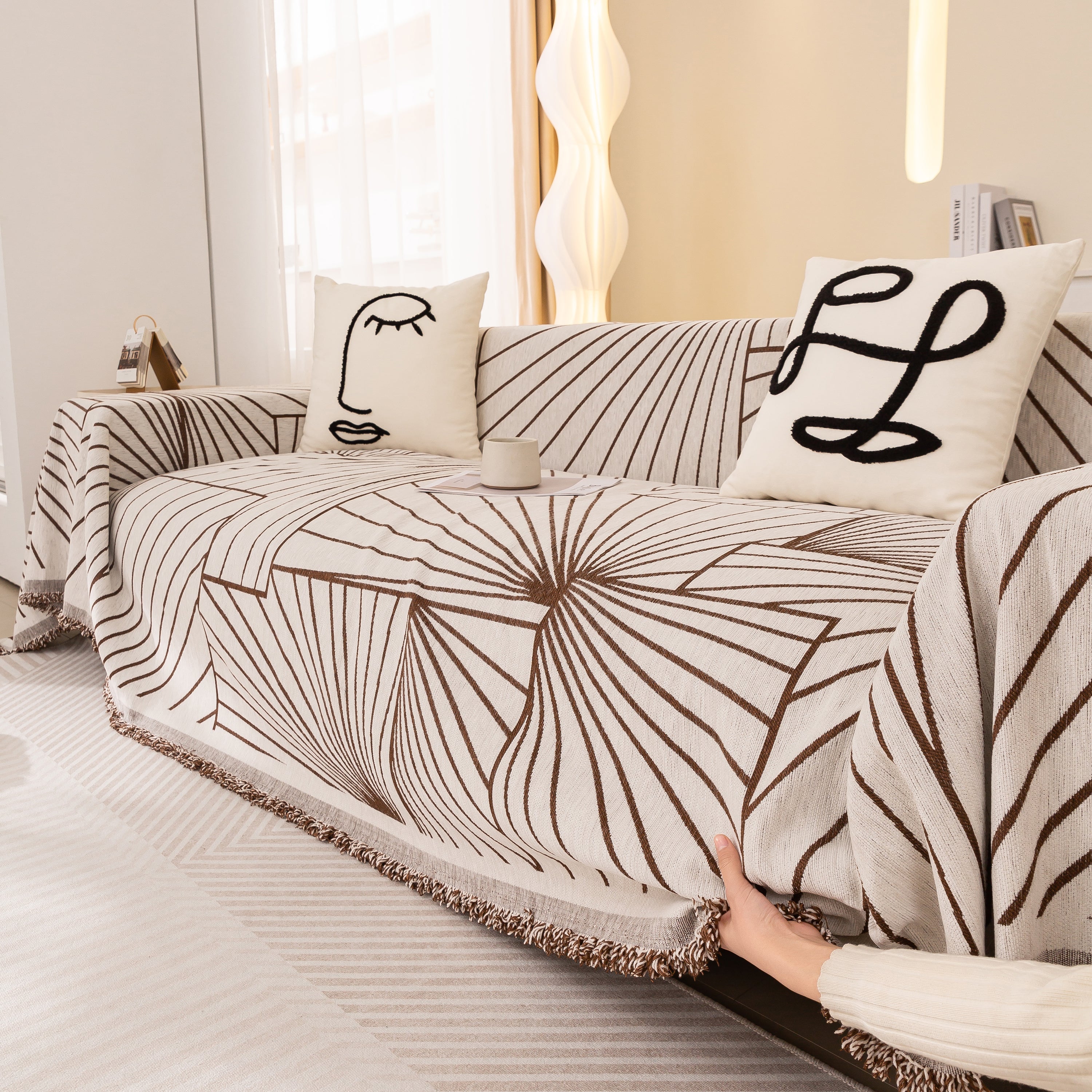 Modern Minimalist Chenille Line Pattern Sofa Cover, Dust And Scratch Resistant Throw Blankets For Couch