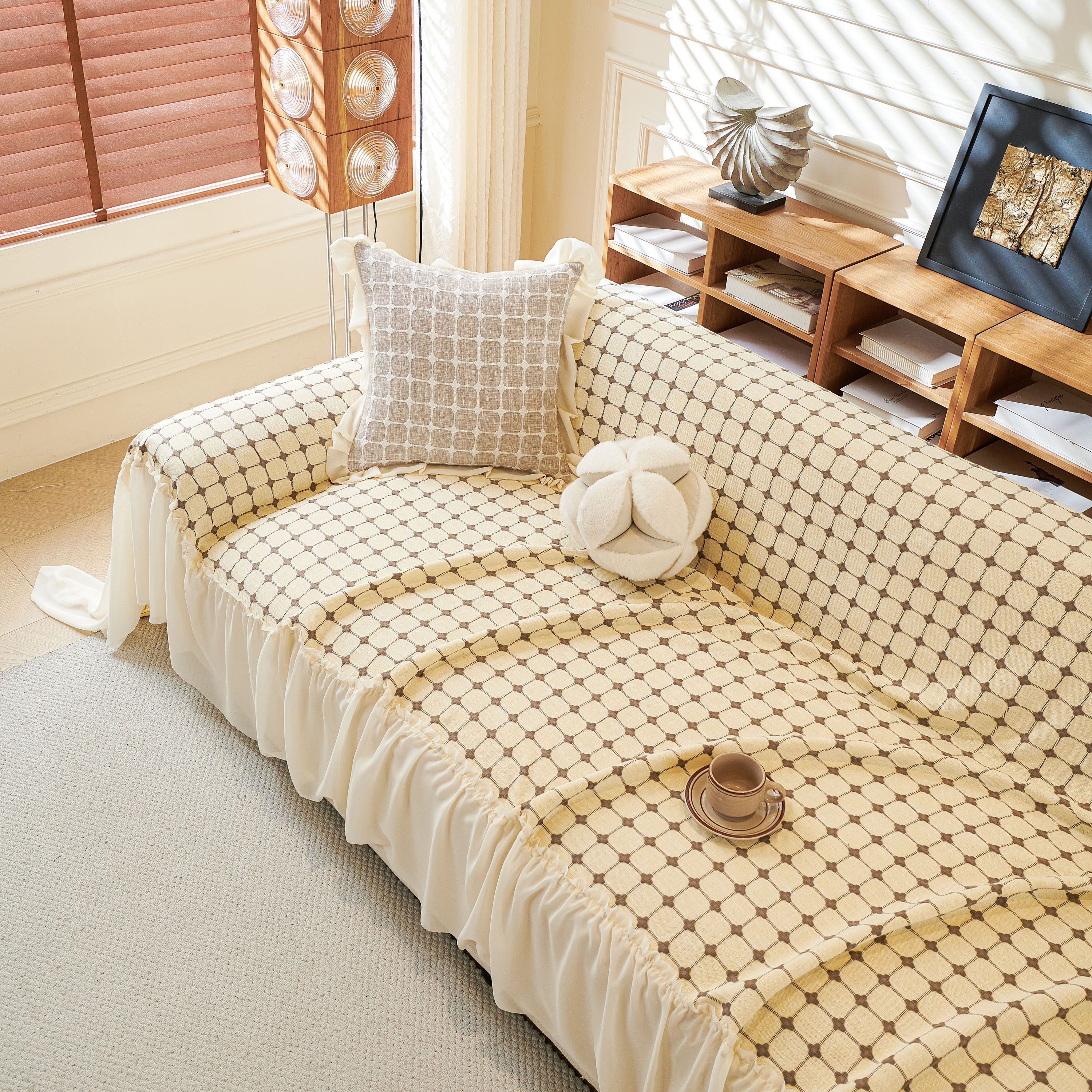Grid Textured Sofa Cover With Sheer Ruffle Skirt, Pet-friendly Sofa Throw Slipcover