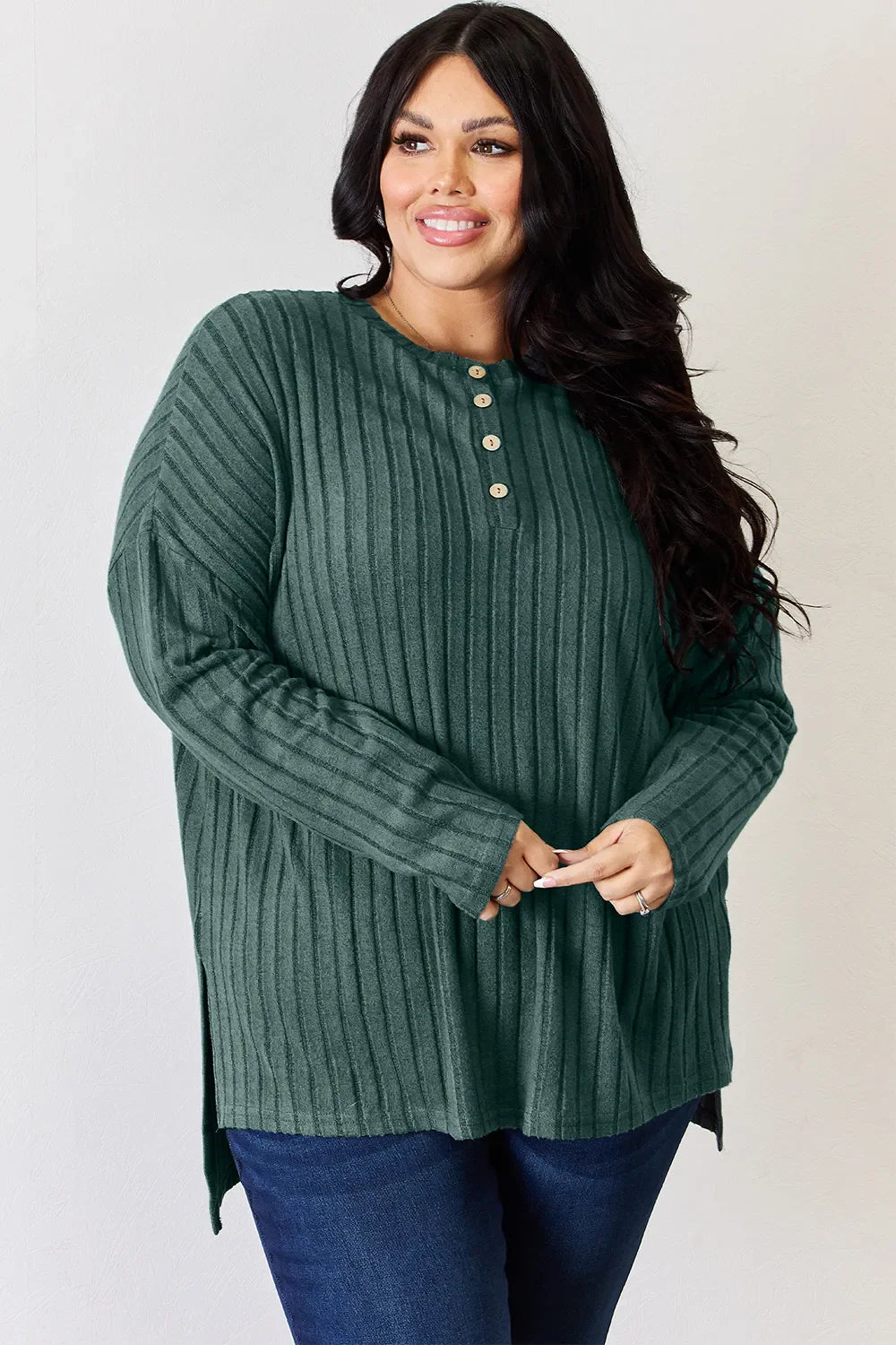 Basic Bae Full Size Ribbed Half Button Long Sleeve High-low Knit Top | Includes Plus Size