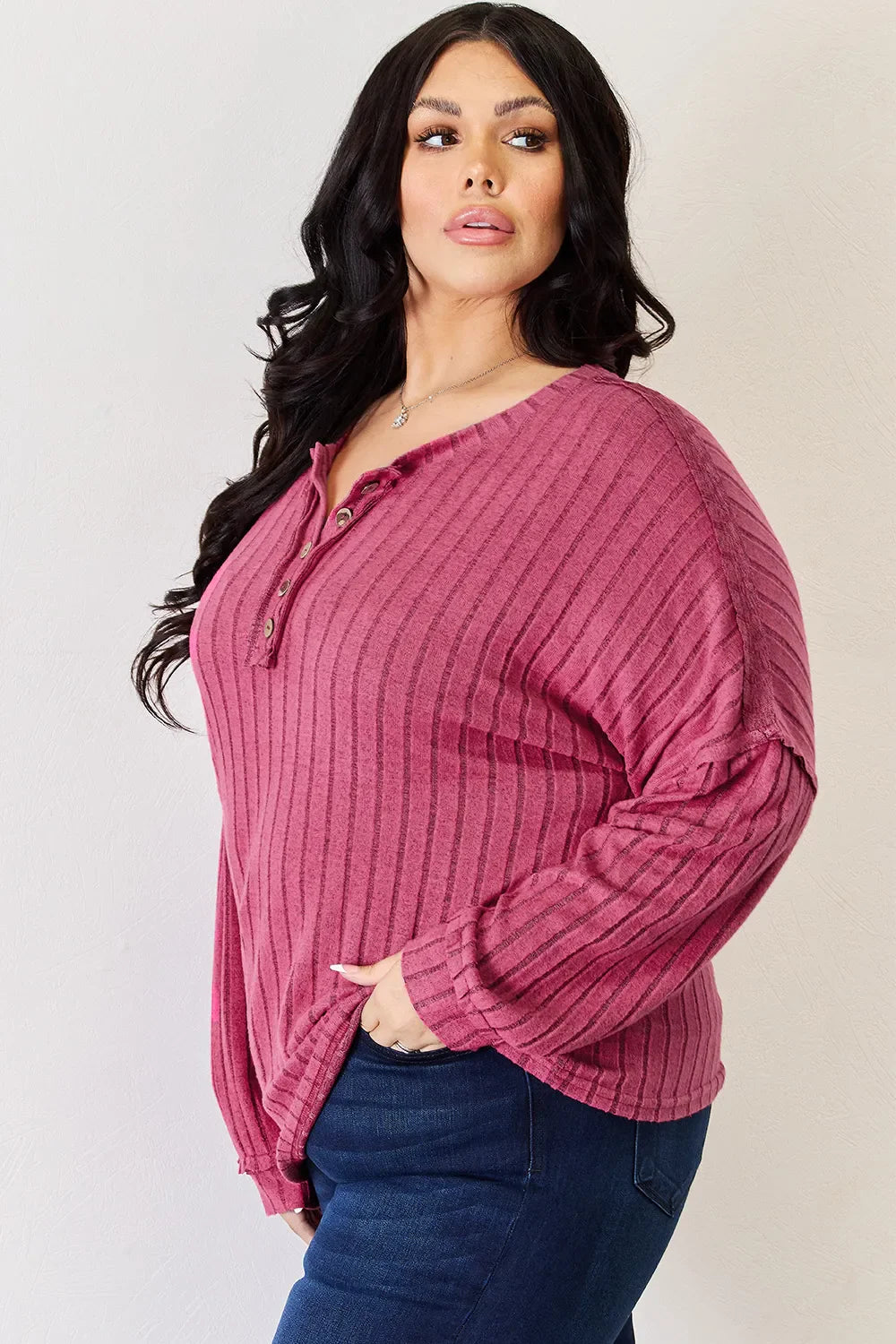Basic Bae Full Size Ribbed Half Button Long Sleeve High-low Knit Top | Includes Plus Size