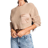 Ser.o.ya Womens Beige Pocketed Distressed Long Sleeve Crew Neck Crop Top Sweater Tan Size M