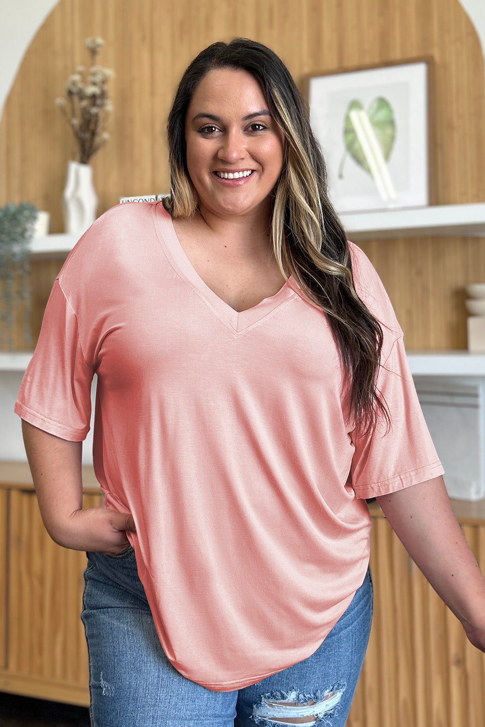 Basic Bae Full Size Bamboo V-neck Drop Shoulder T-shirt