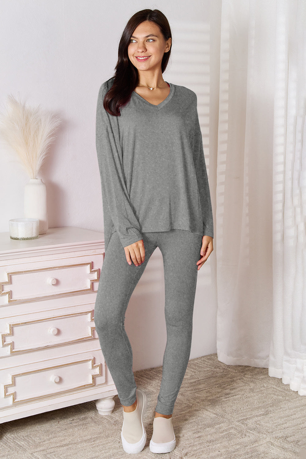 Basic Bae Bamboo Full Size V-neck Long Sleeve Top And Pants Lounge Set