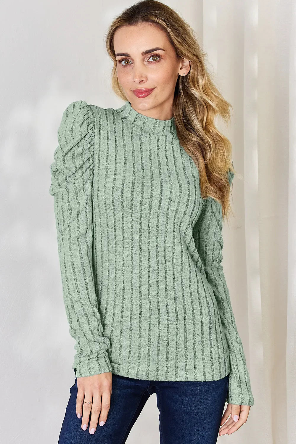 Basic Bae Full Size Ribbed Mock Neck Puff Sleeve T-shirt | Includes Plus Size