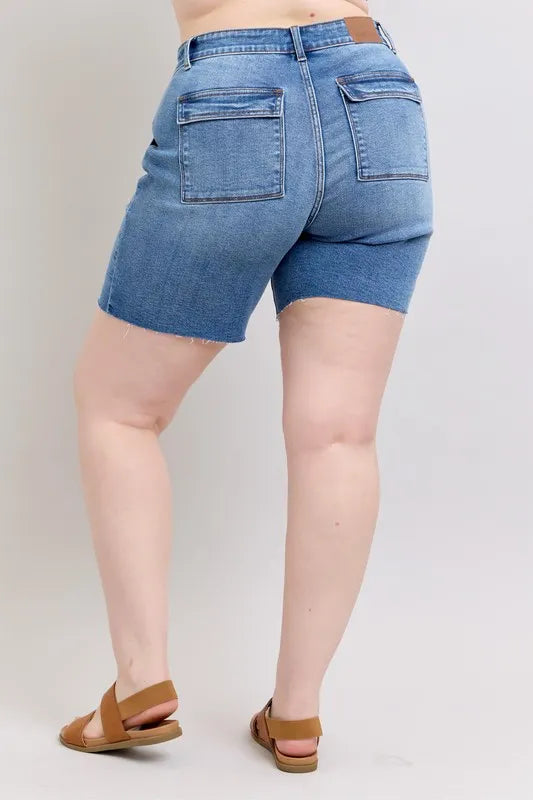 Judy Blue Full Size Mid Rise Bermudas Denim Shorts W/ Back Flap Pockets | Includes Plus Size