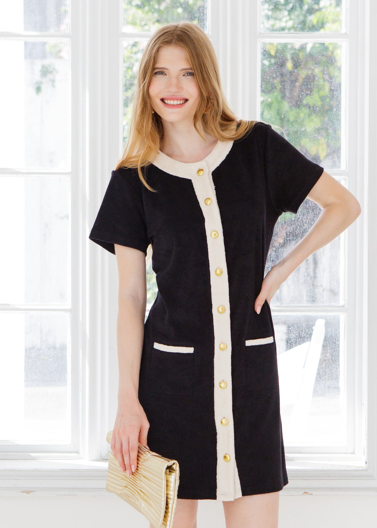 Black Terry Button Dress