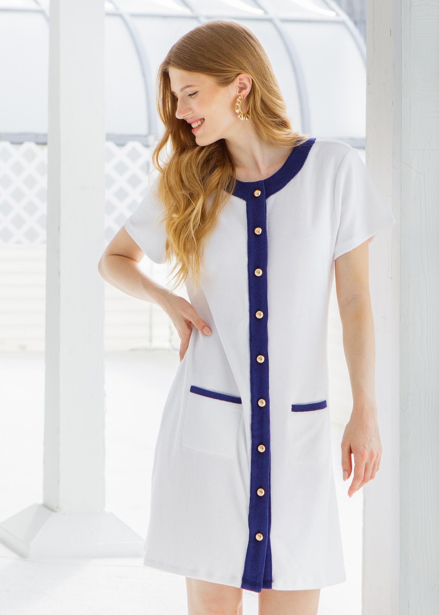 White Terry Button Dress