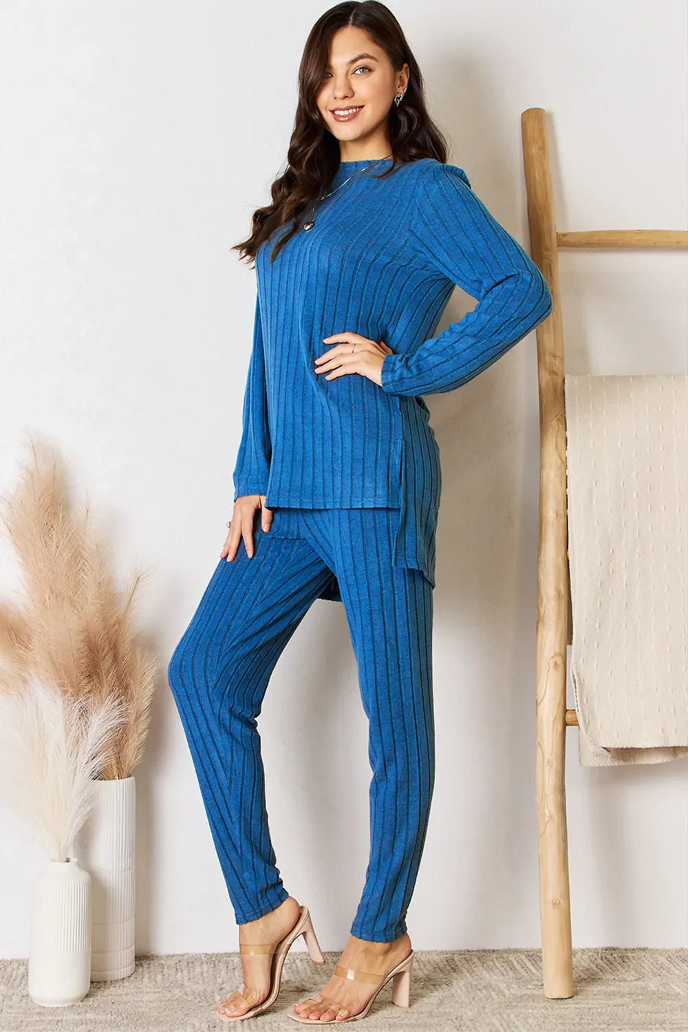 Basic Bae Full Size Ribbed Round Neck High-low Slit Top And Pants Set