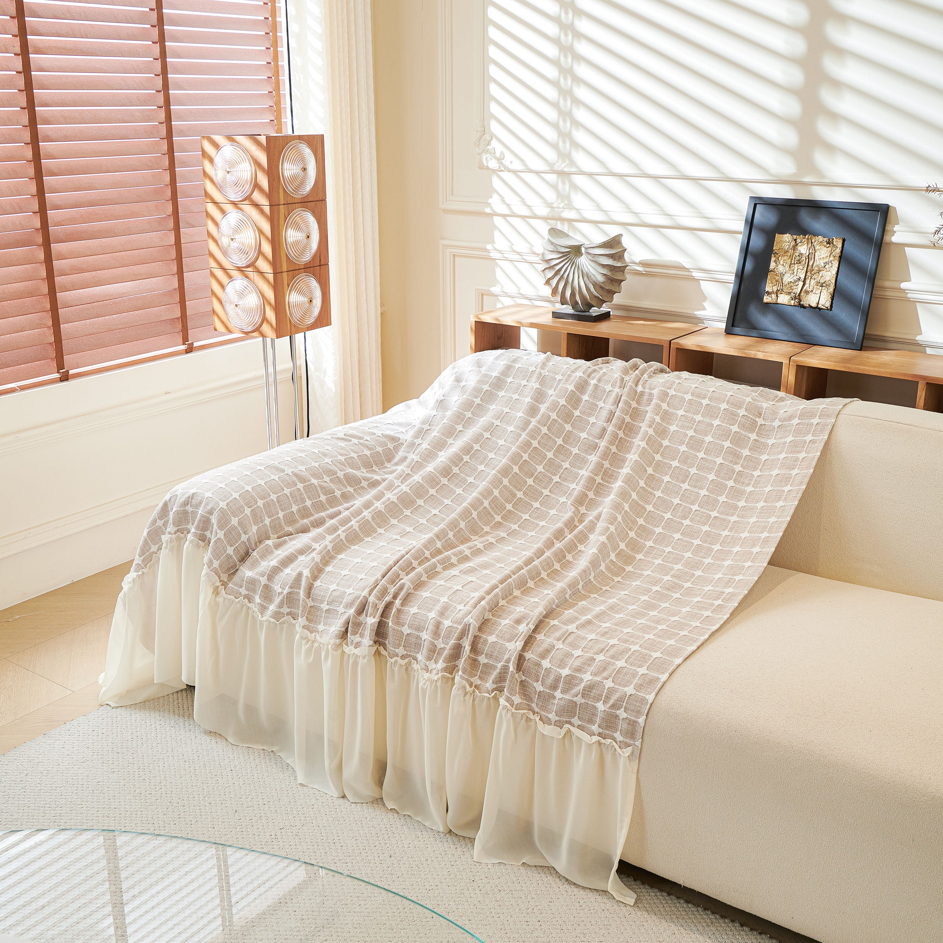 Grid Textured Sofa Cover With Sheer Ruffle Skirt, Pet-friendly Sofa Throw Slipcover