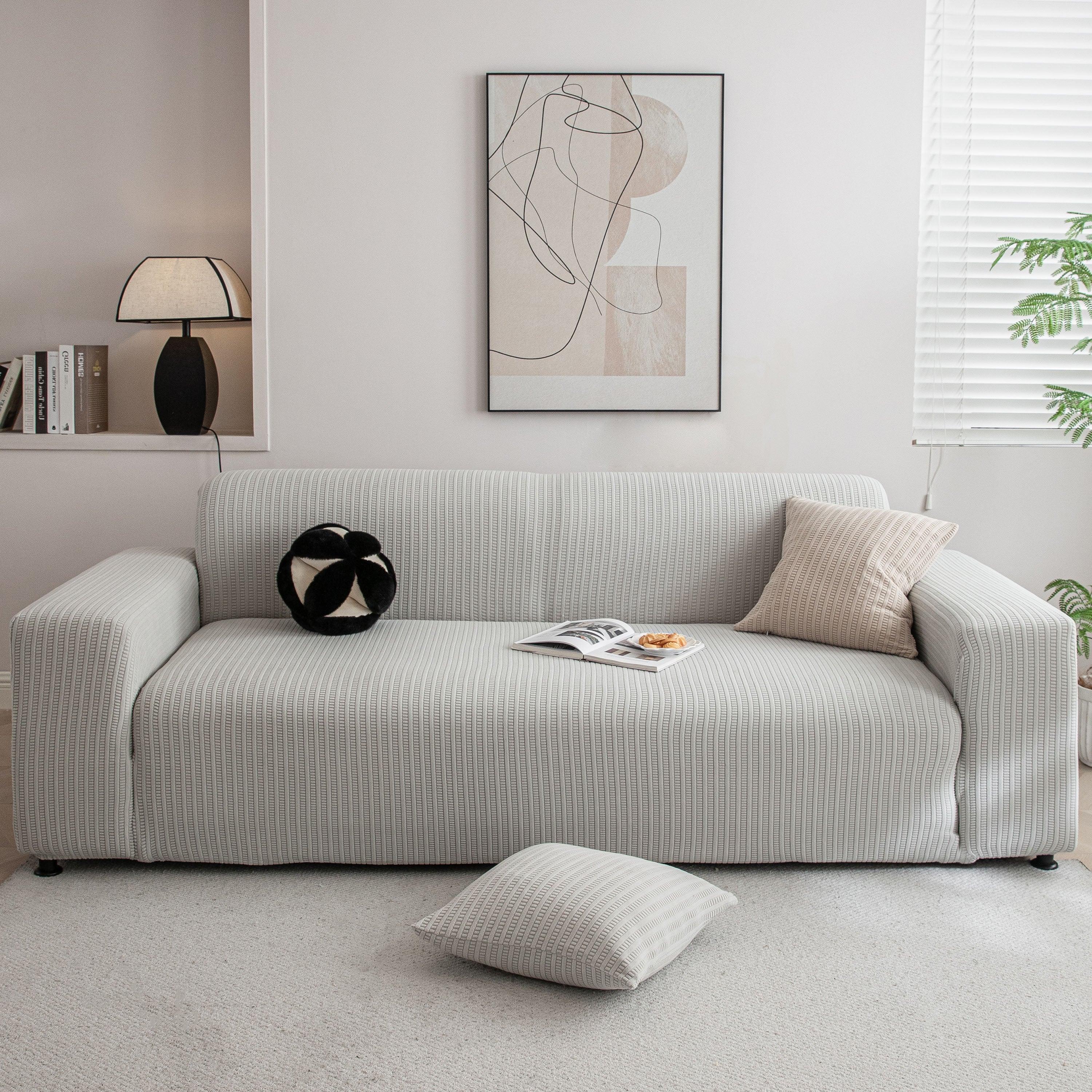 3d Grid Jacquard Sofa Cover, High Stretch Plush Waffle Couch Slipcover With Tie Straps