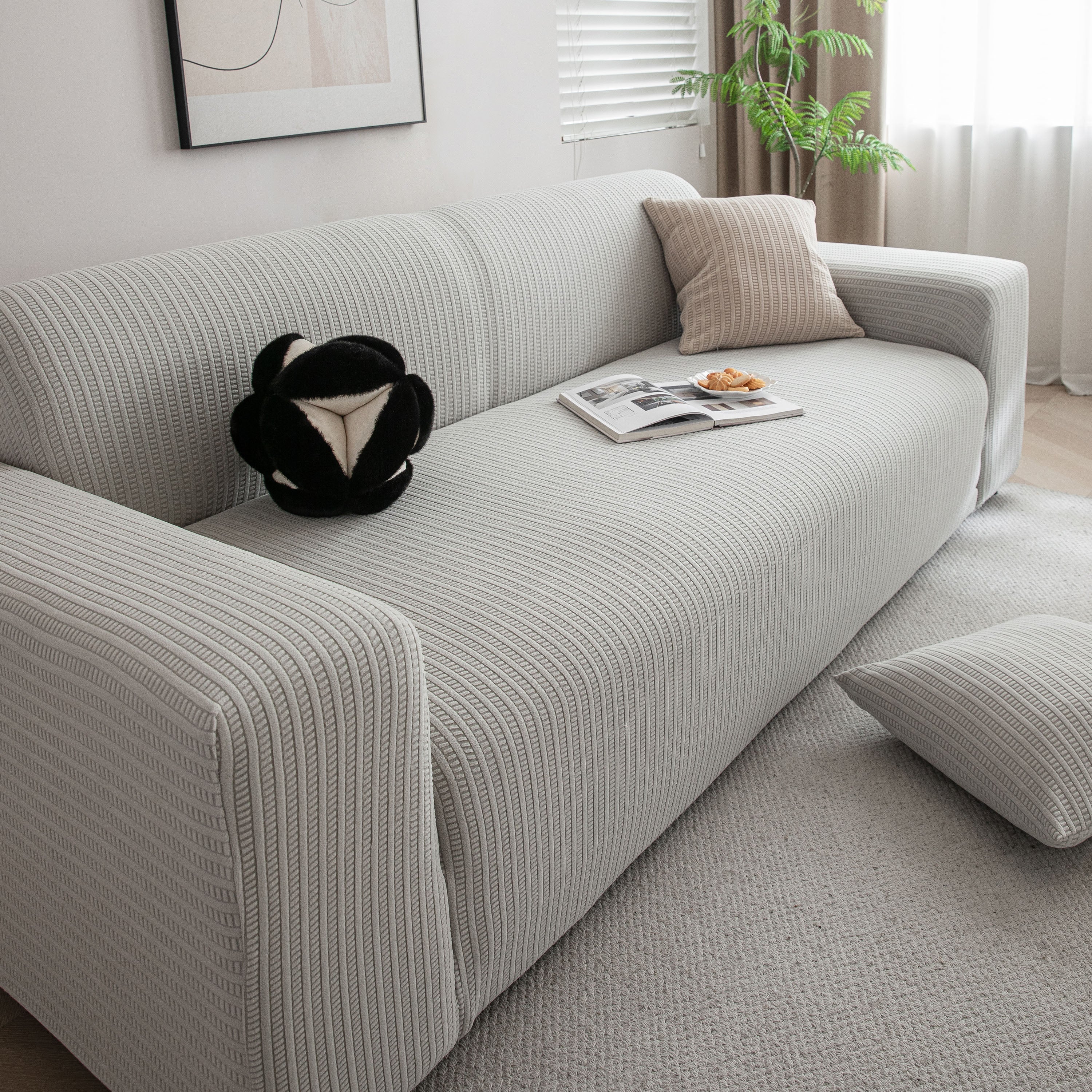 3d Grid Jacquard Sofa Cover, High Stretch Plush Waffle Couch Slipcover With Tie Straps