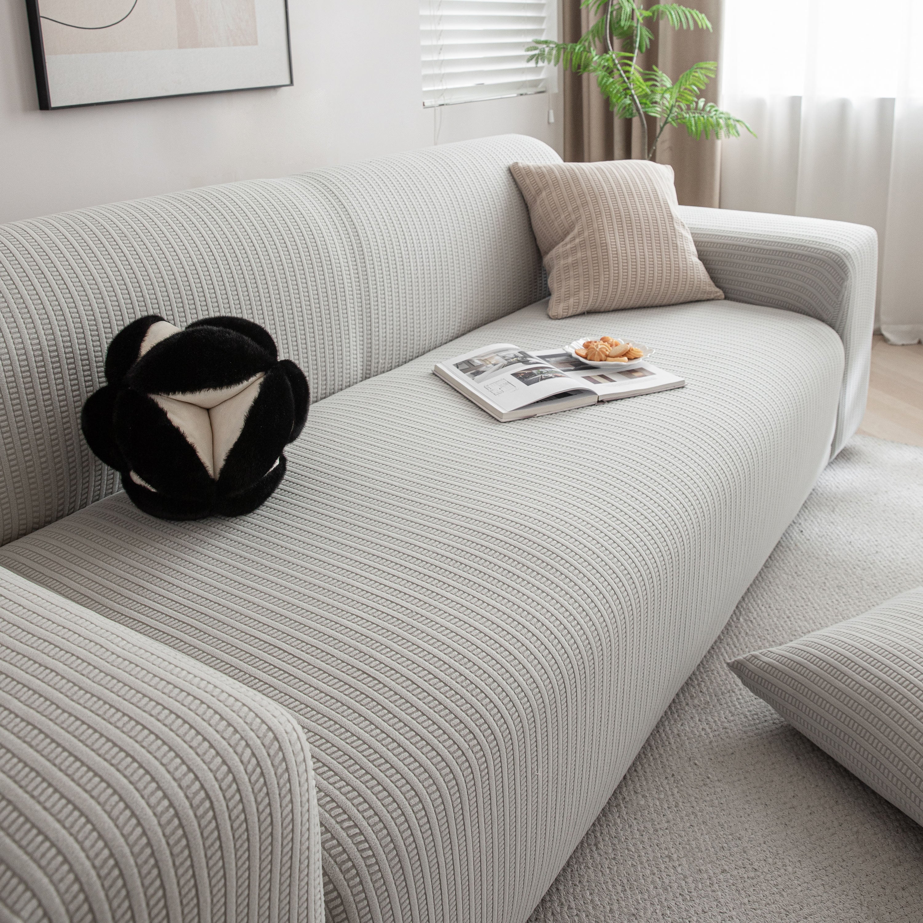 3d Grid Jacquard Sofa Cover, High Stretch Plush Waffle Couch Slipcover With Tie Straps