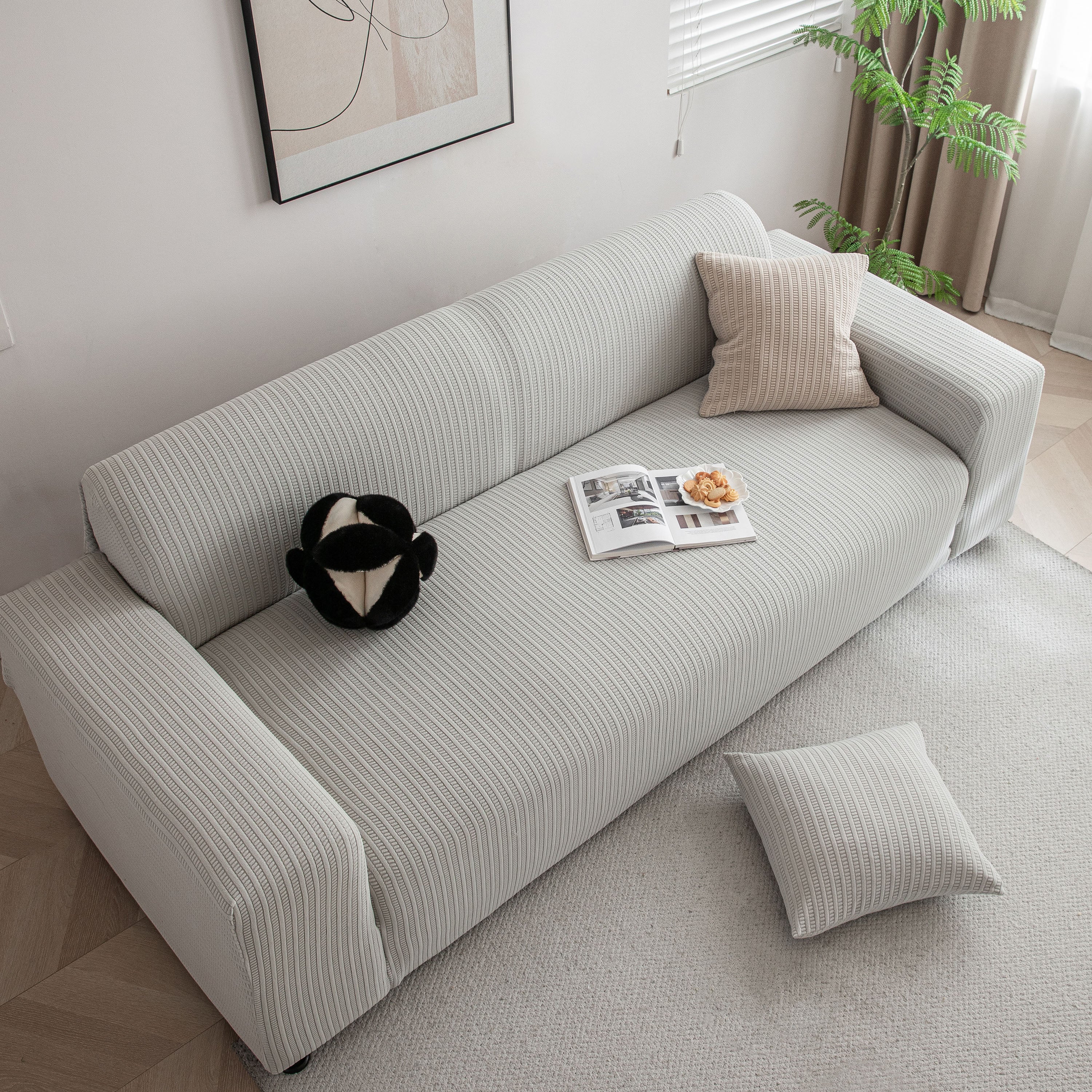 3d Grid Jacquard Sofa Cover, High Stretch Plush Waffle Couch Slipcover With Tie Straps