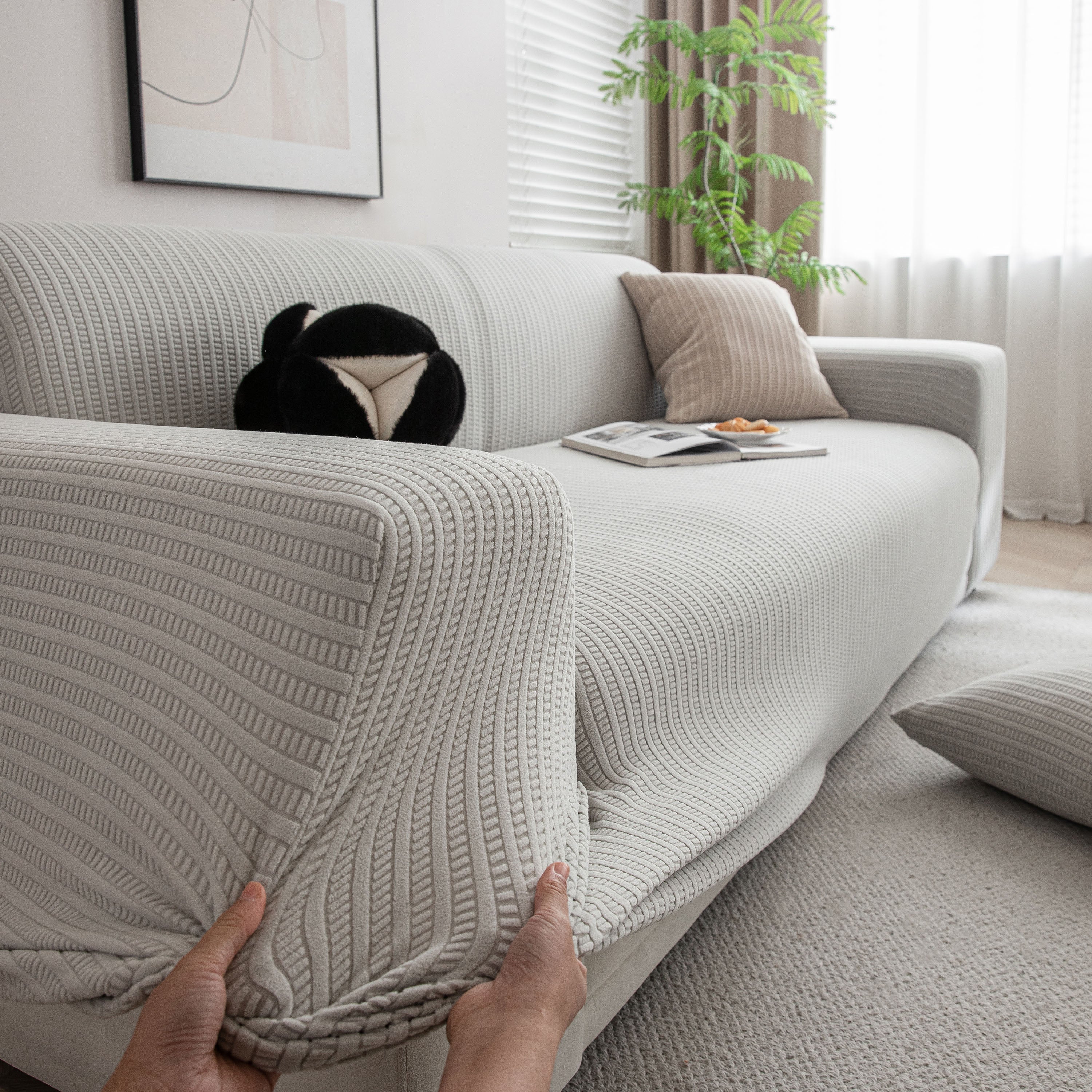 3d Grid Jacquard Sofa Cover, High Stretch Plush Waffle Couch Slipcover With Tie Straps