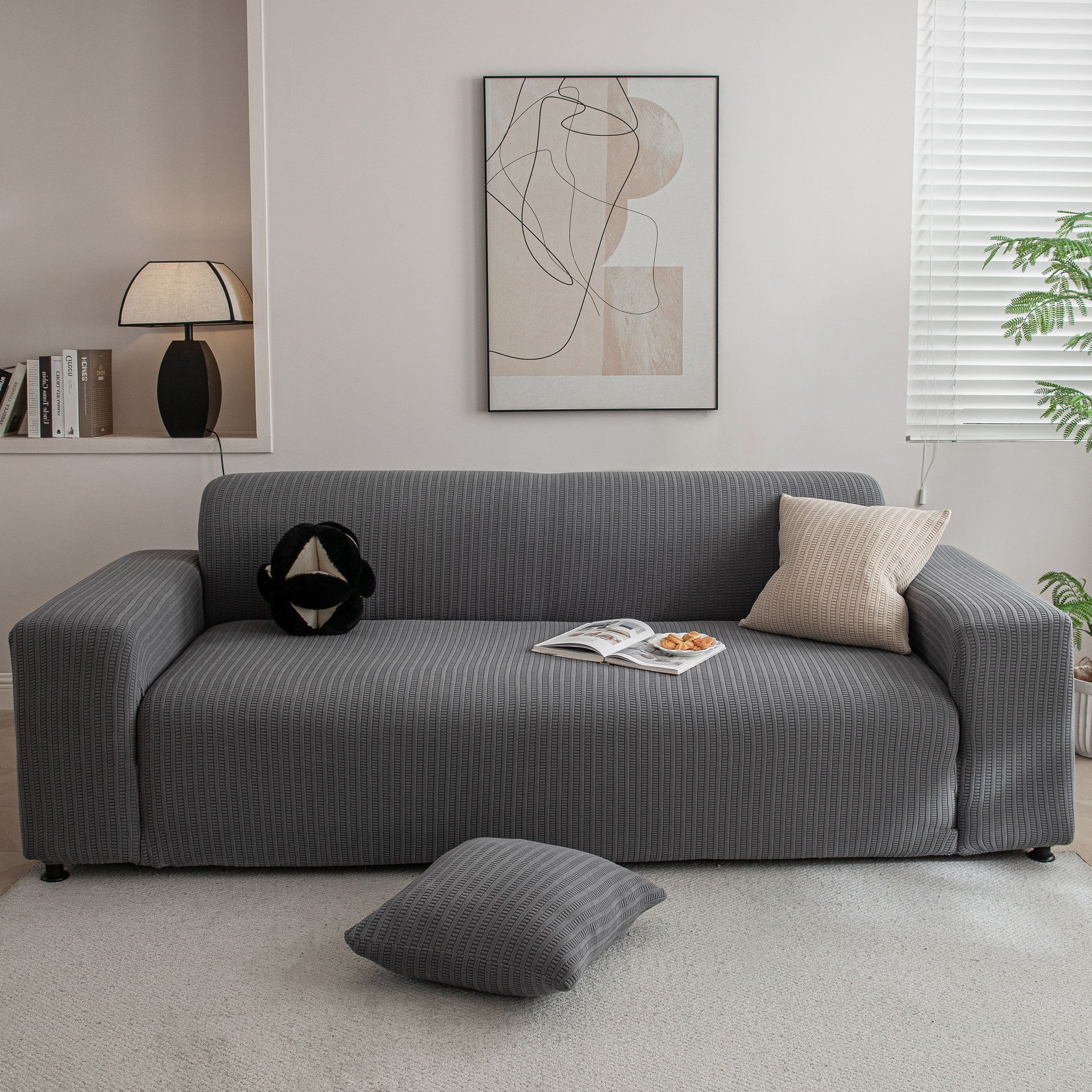 3d Grid Jacquard Sofa Cover, High Stretch Plush Waffle Couch Slipcover With Tie Straps