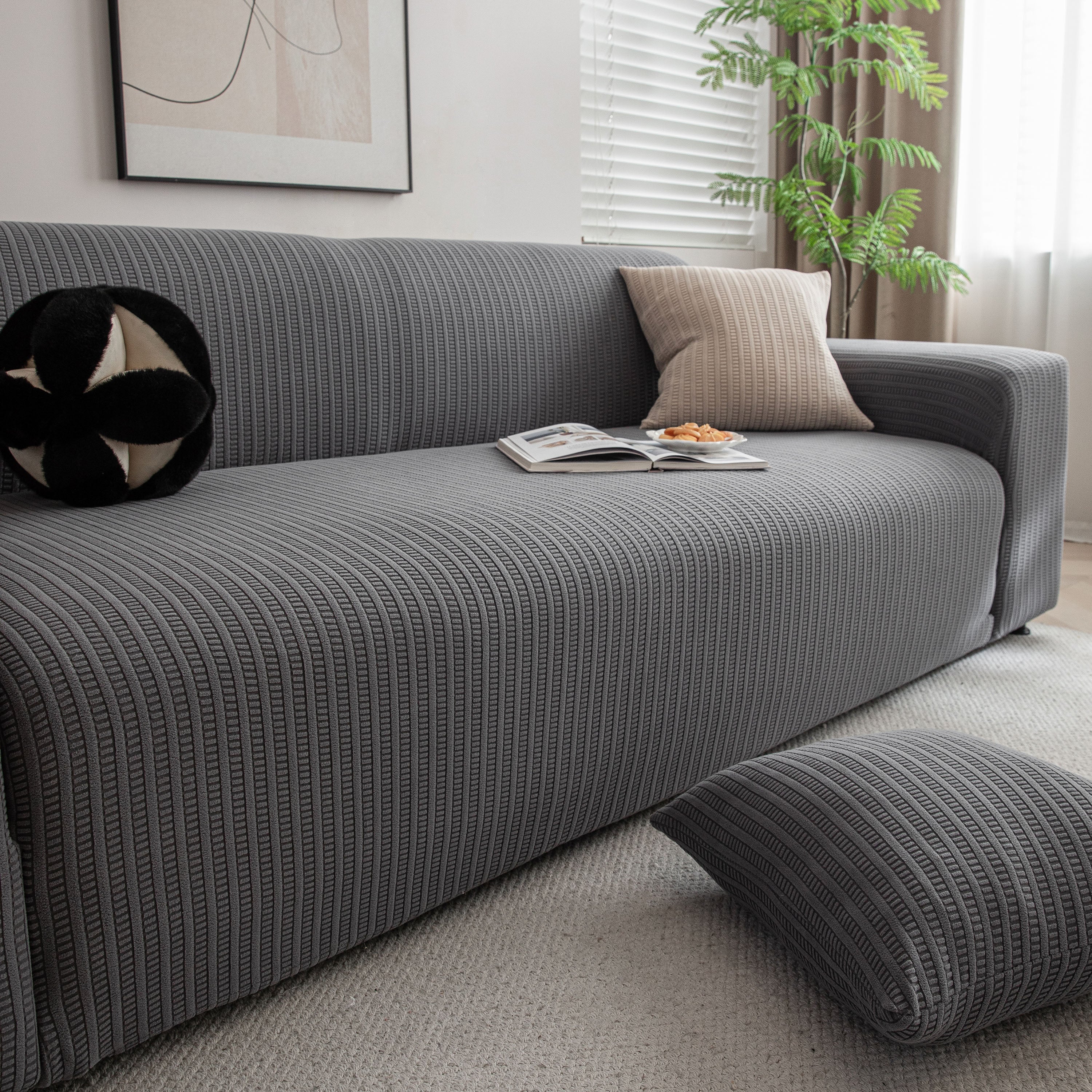 3d Grid Jacquard Sofa Cover, High Stretch Plush Waffle Couch Slipcover With Tie Straps