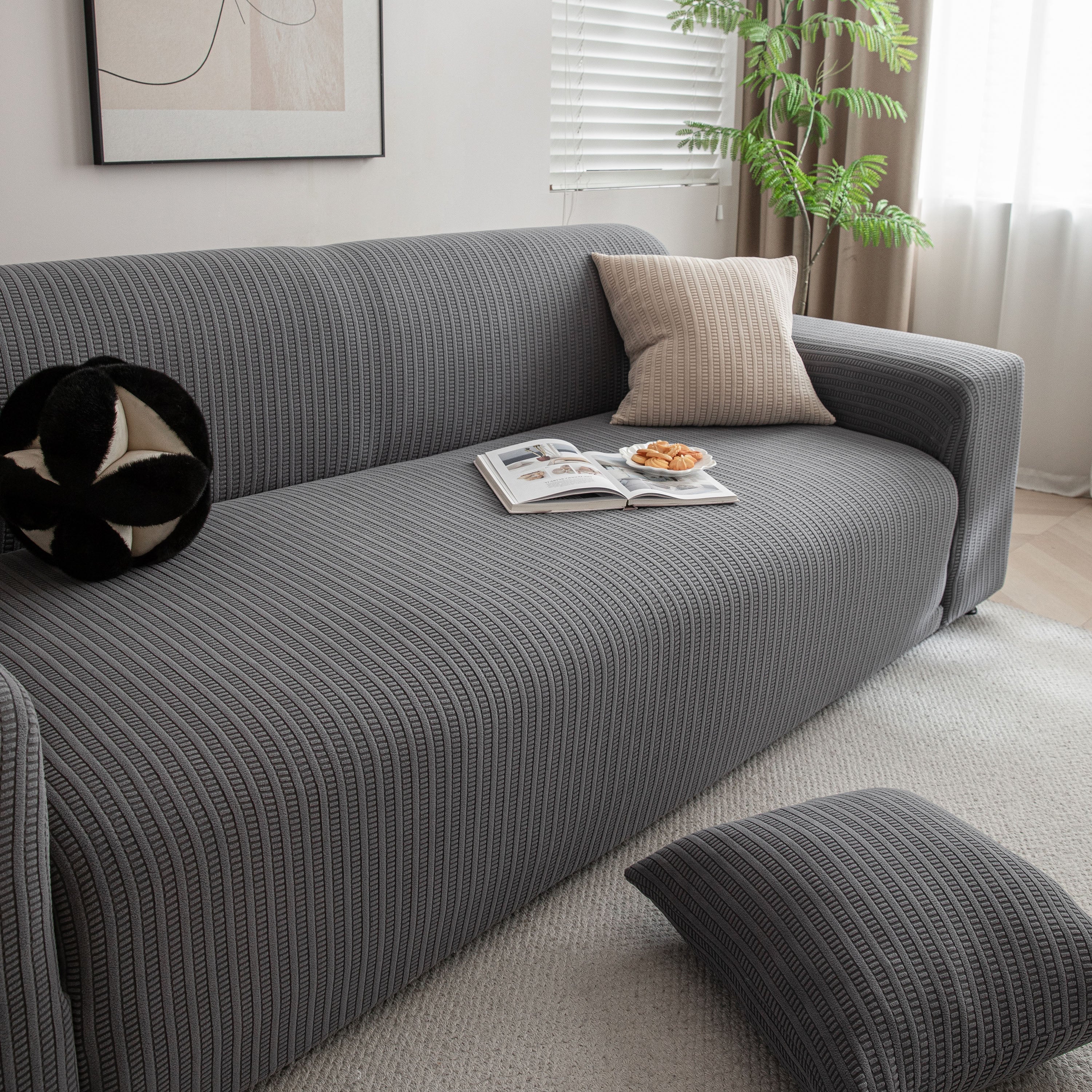 3d Grid Jacquard Sofa Cover, High Stretch Plush Waffle Couch Slipcover With Tie Straps