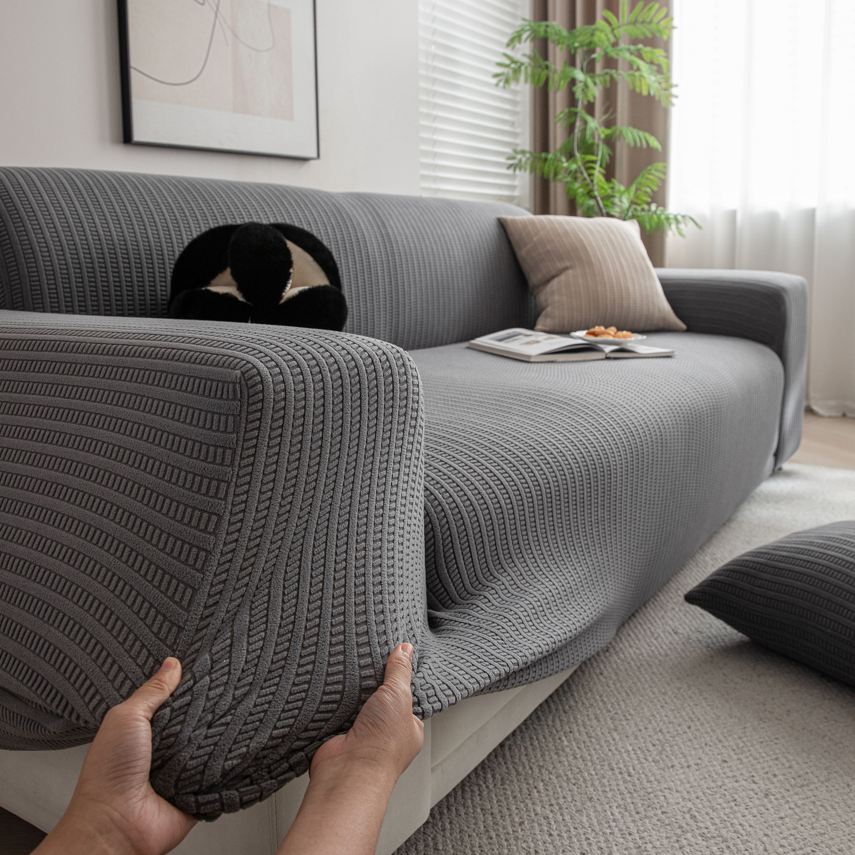 3d Grid Jacquard Sofa Cover, High Stretch Plush Waffle Couch Slipcover With Tie Straps