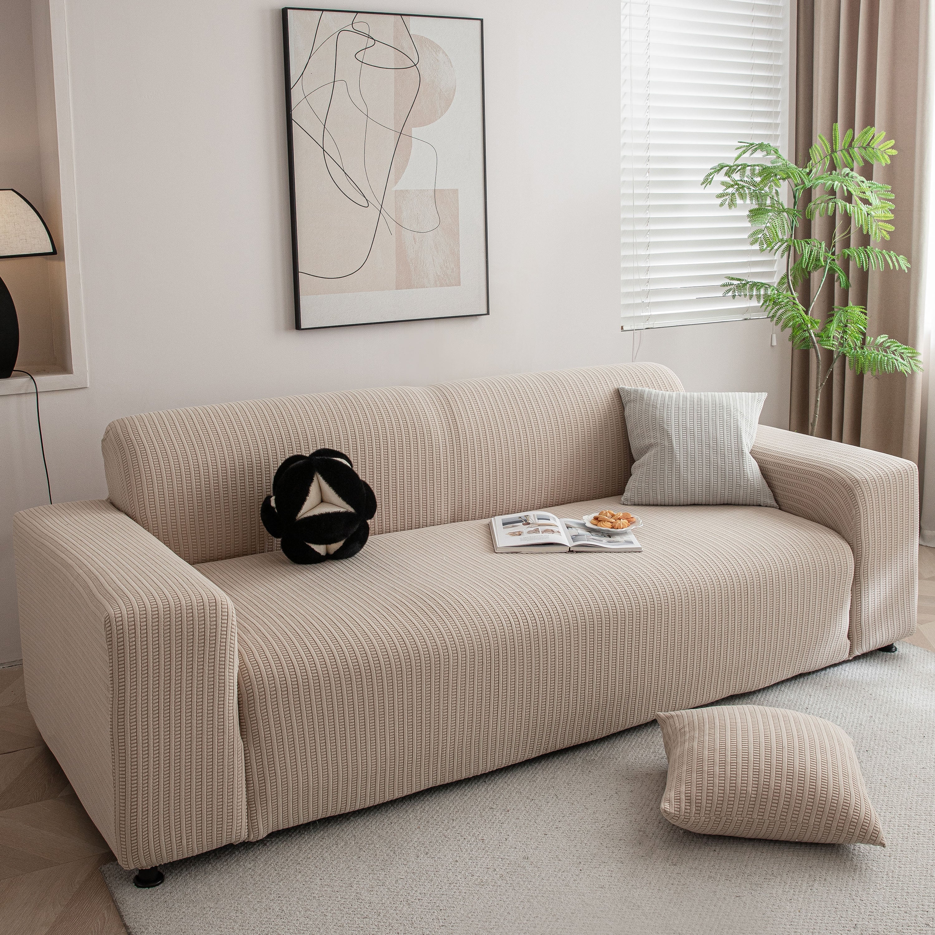 3d Grid Jacquard Sofa Cover, High Stretch Plush Waffle Couch Slipcover With Tie Straps